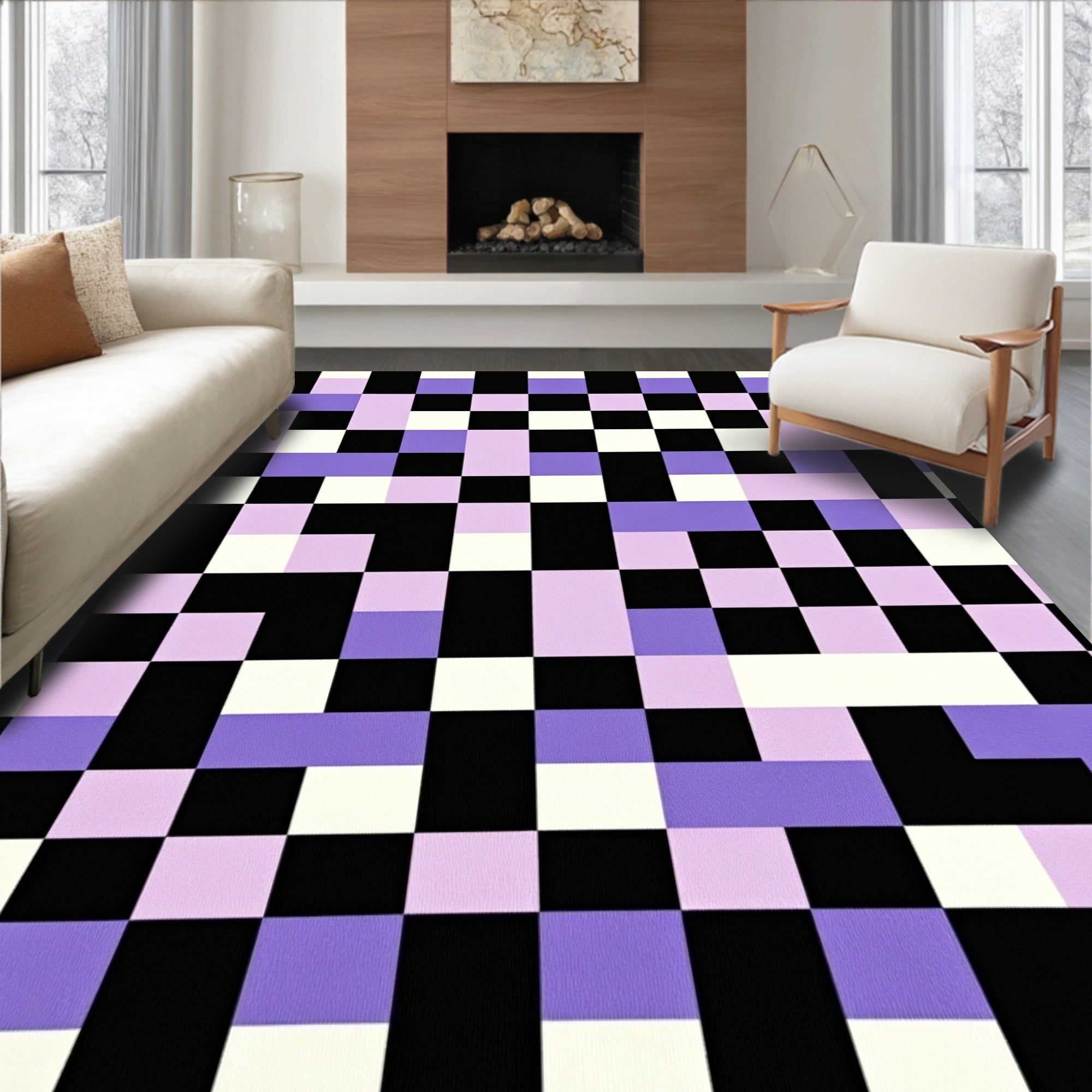Irregular Pixelated Collage Black Lavender Rug