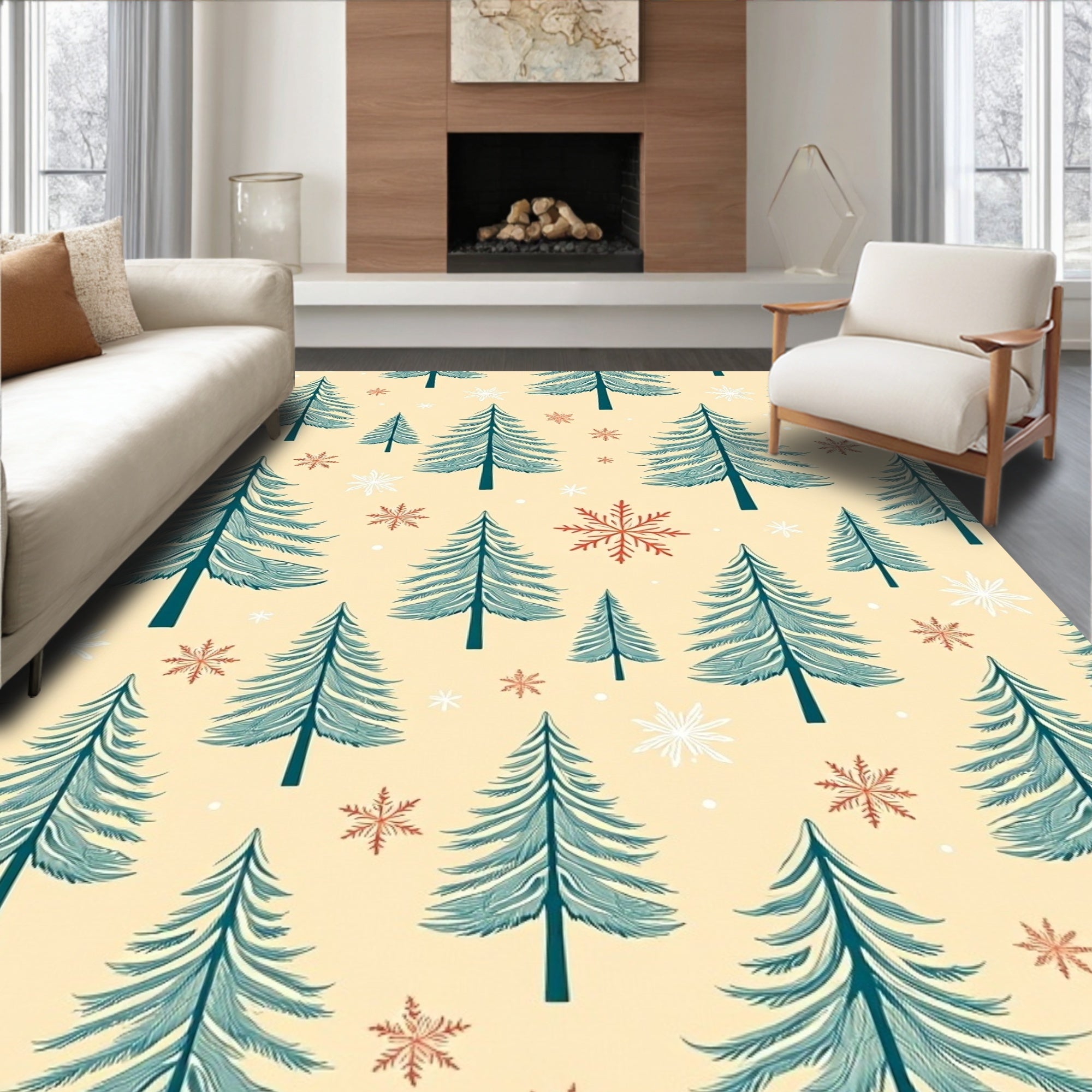Teal Evergreen Snowflake Snowscape Rug
