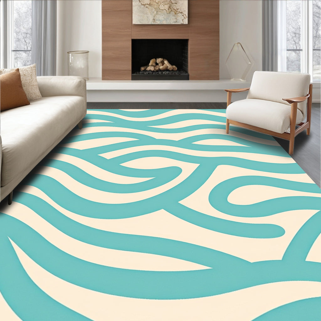 Aqua Cream Flowing Wave Abstract Rug