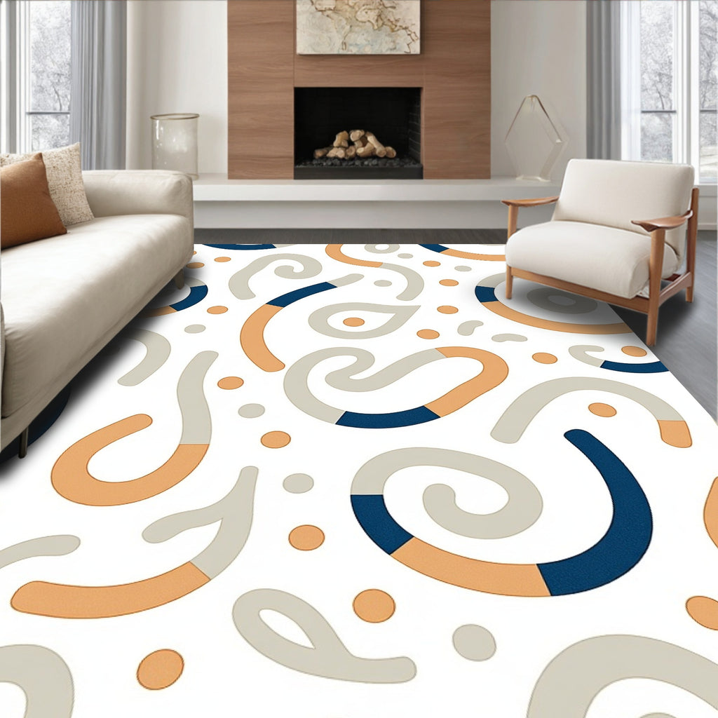 Neutral Abstract Swirl Ribbon Dots Rug