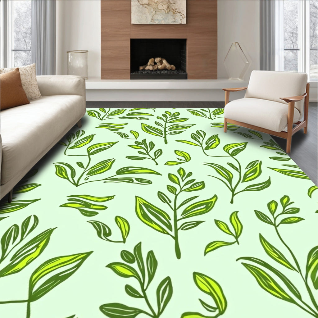 Vibrant Green Leafy Branch Pattern Rug