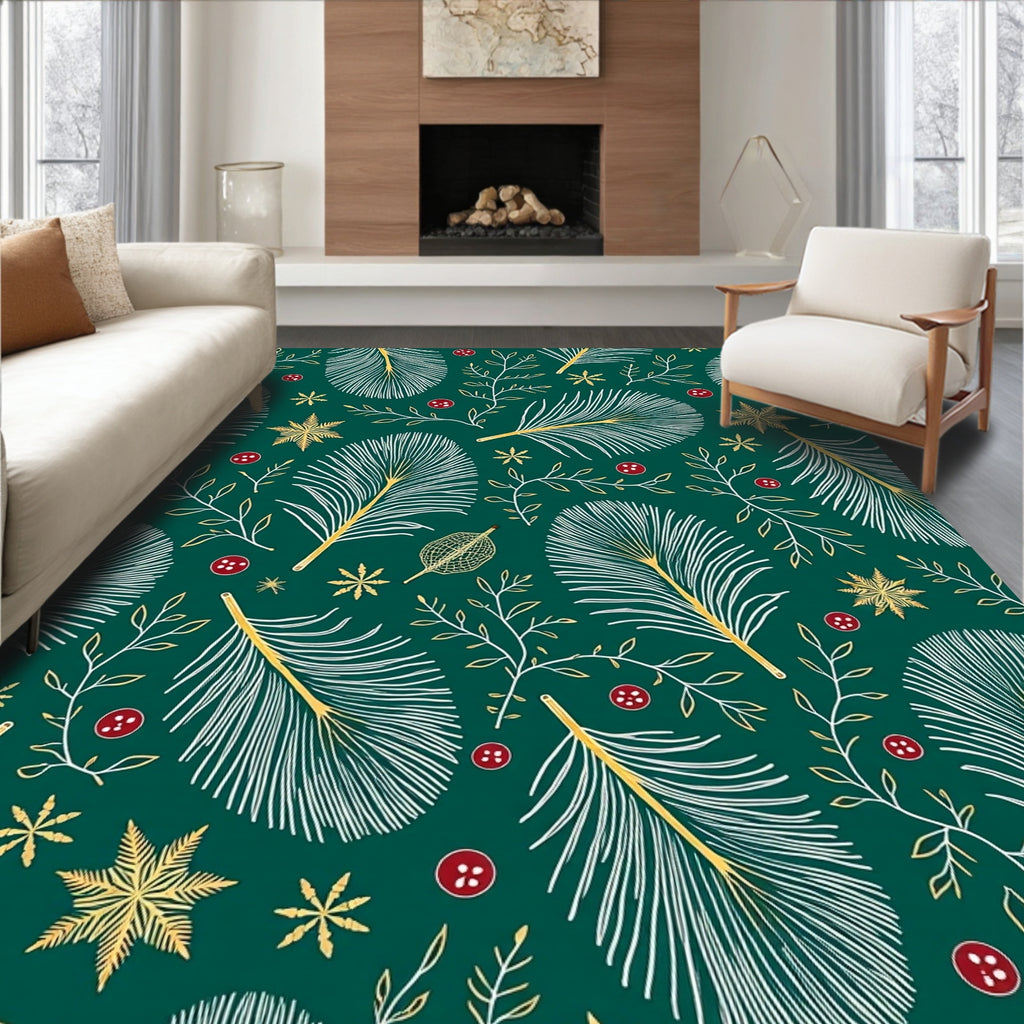 Emerald Green White Gold Feather Snowflakes Rug