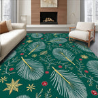 Emerald Green White Gold Feather Snowflakes Rug