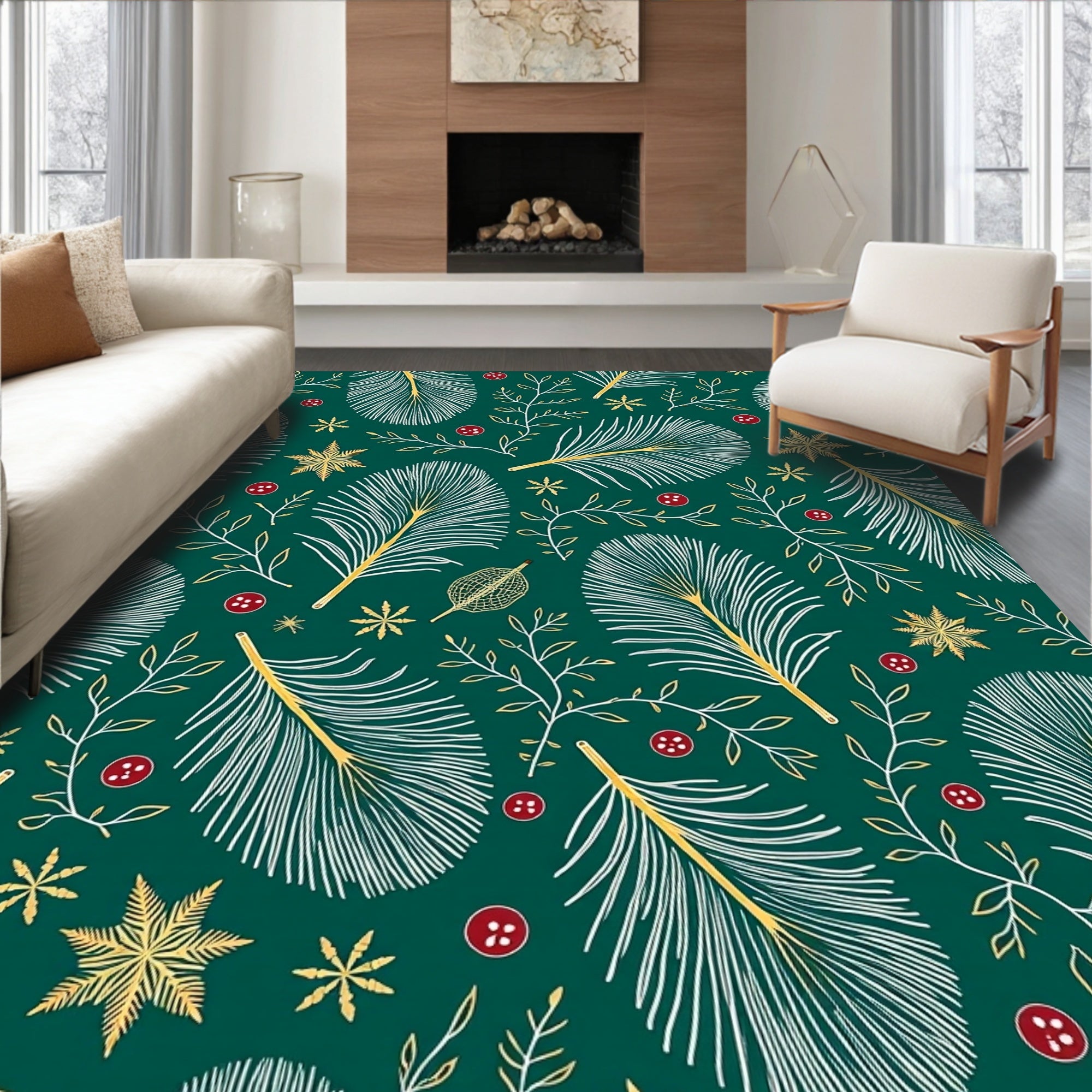 Emerald Green White Gold Feather Snowflakes Rug