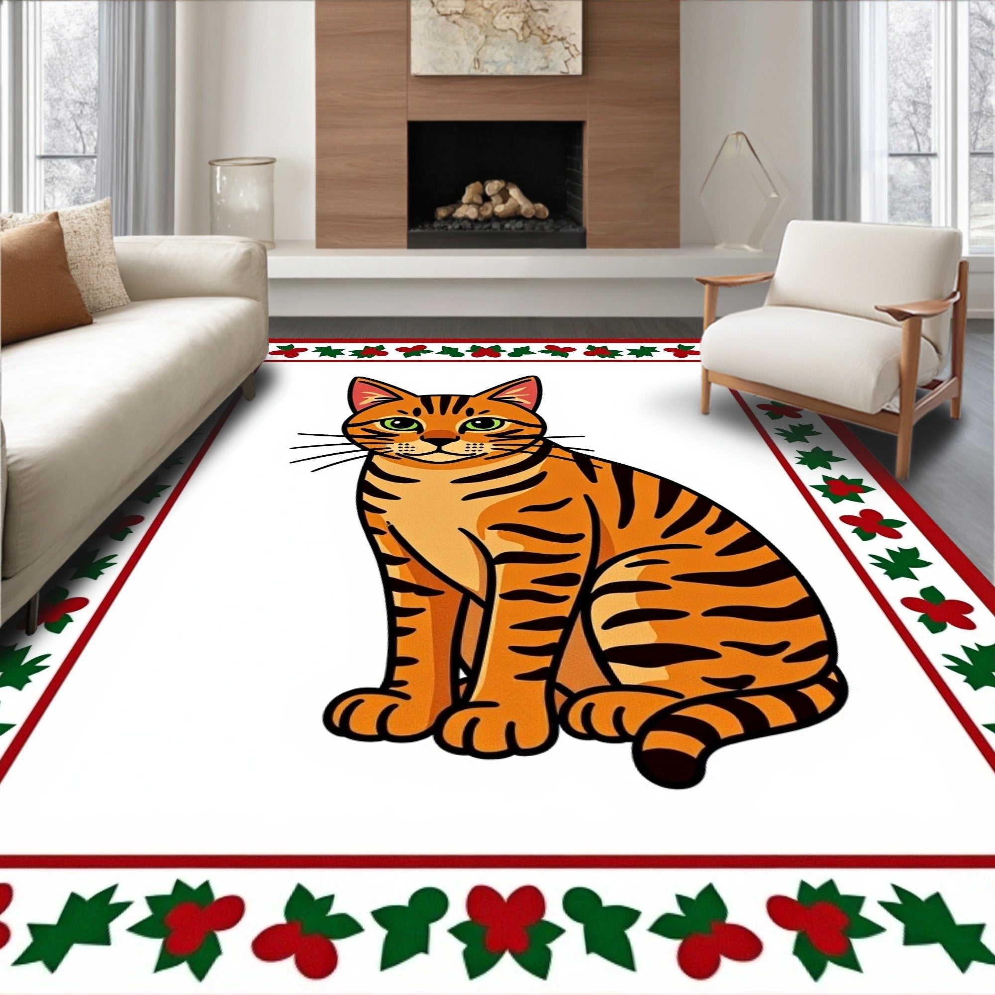 Whimsical Orange Tabby Cat Floral Border Rug
