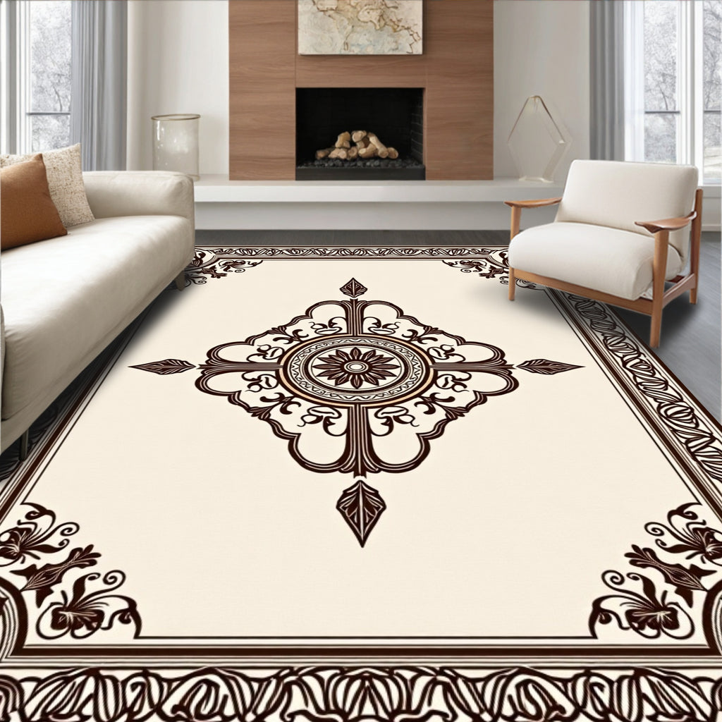 Dark Brown Ornamental Floral Medallion Border Rug