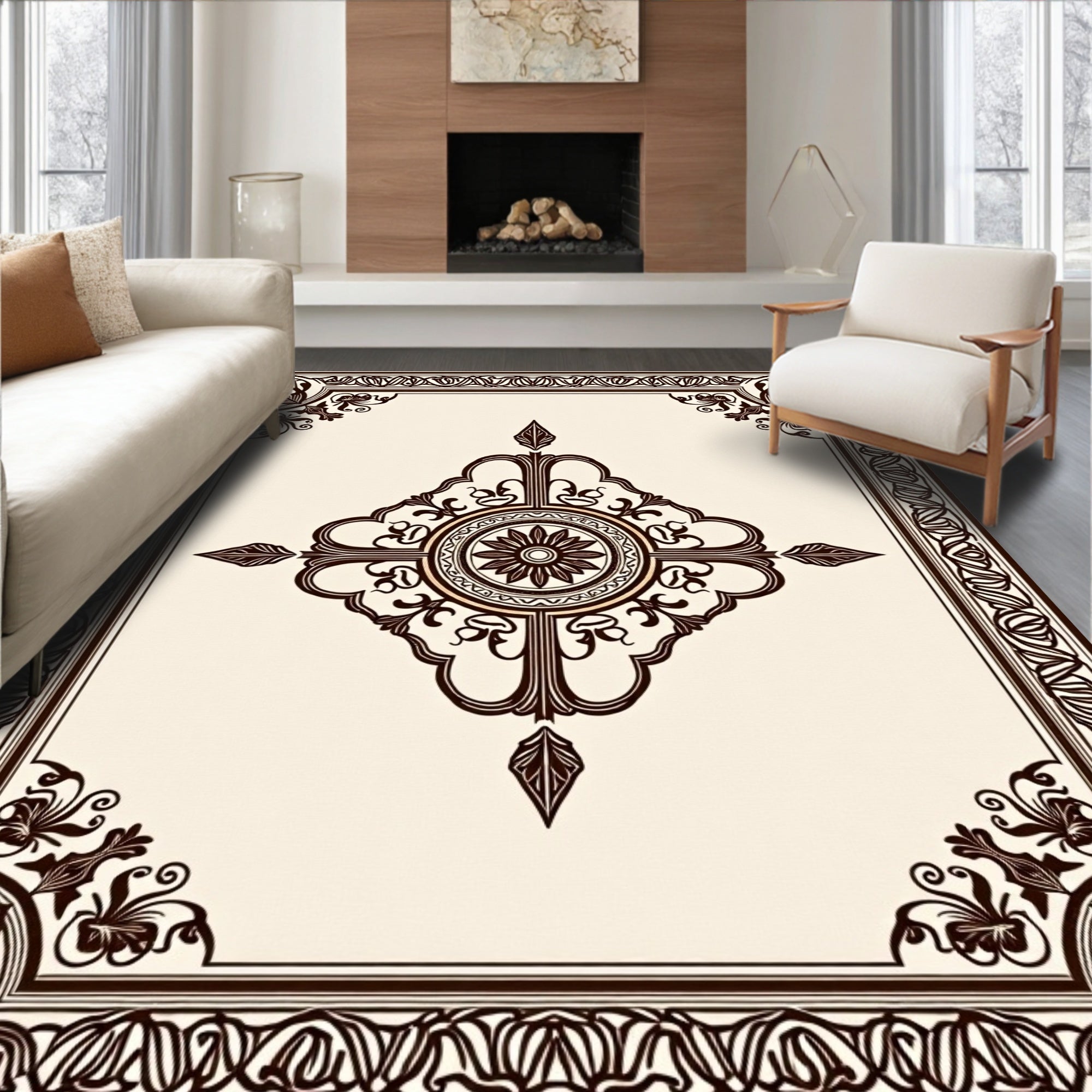 Dark Brown Ornamental Floral Medallion Border Rug