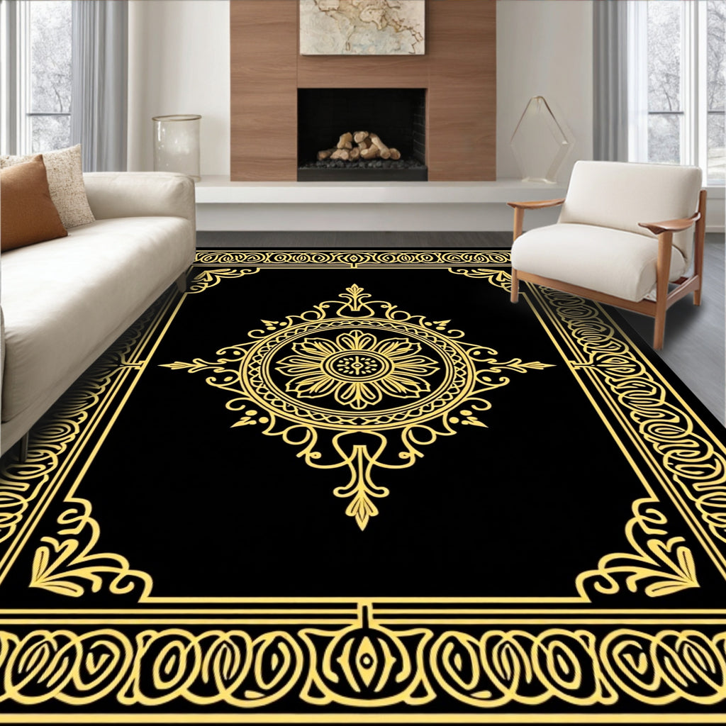 Black Golden Ornate Floral Medallion Border Rug