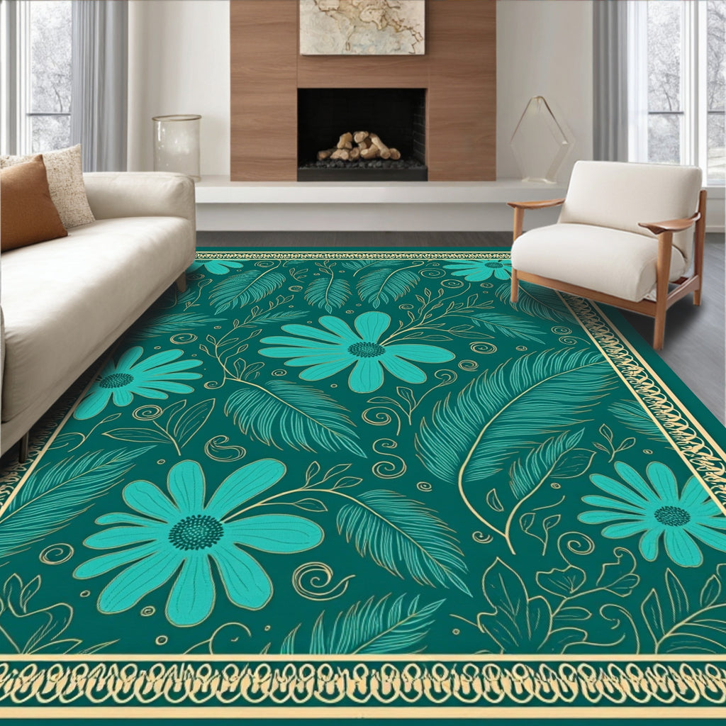 Teal Floral Feather Scroll Rug