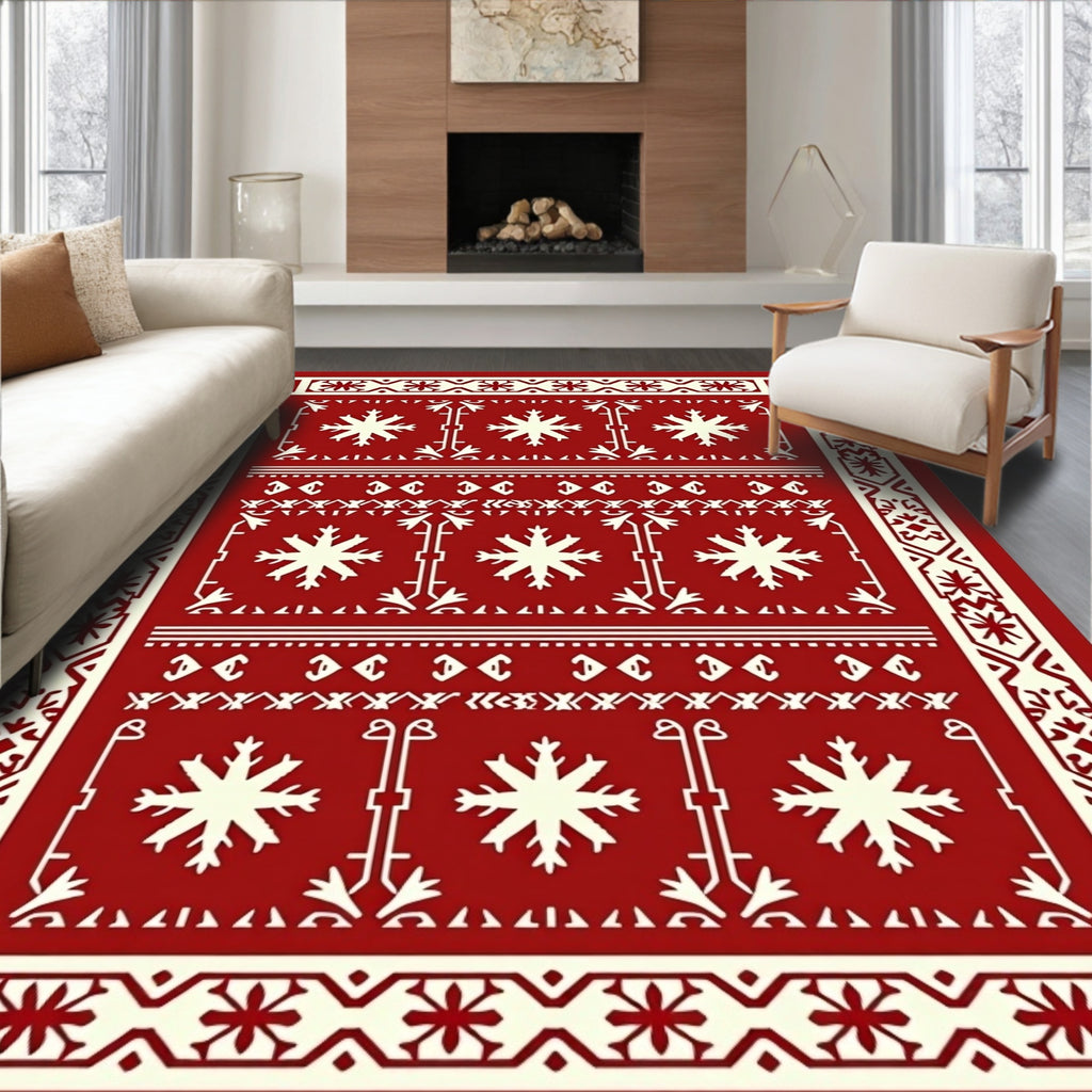 Crimson And Cream Snowflake Border Rug