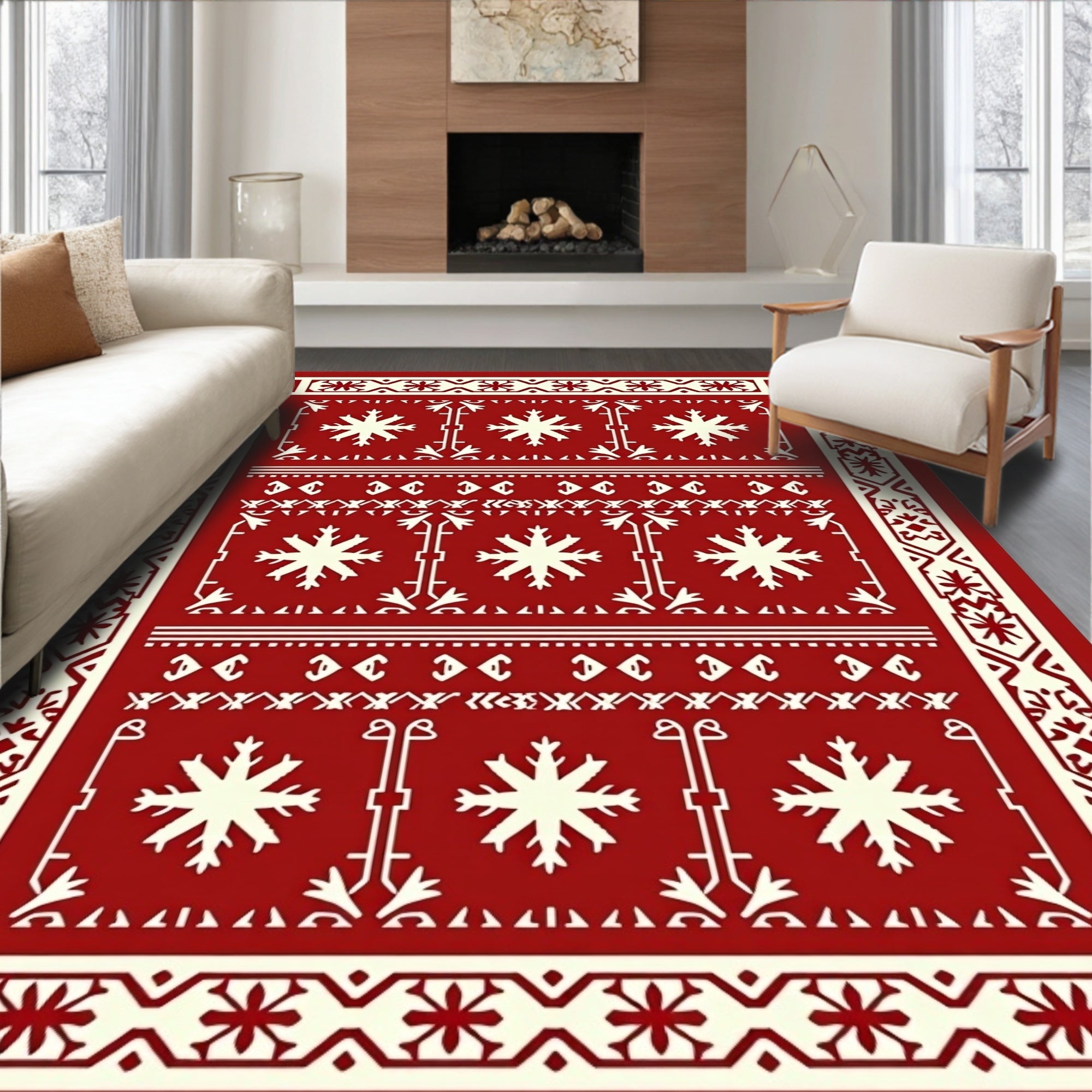 Crimson And Cream Snowflake Border Rug