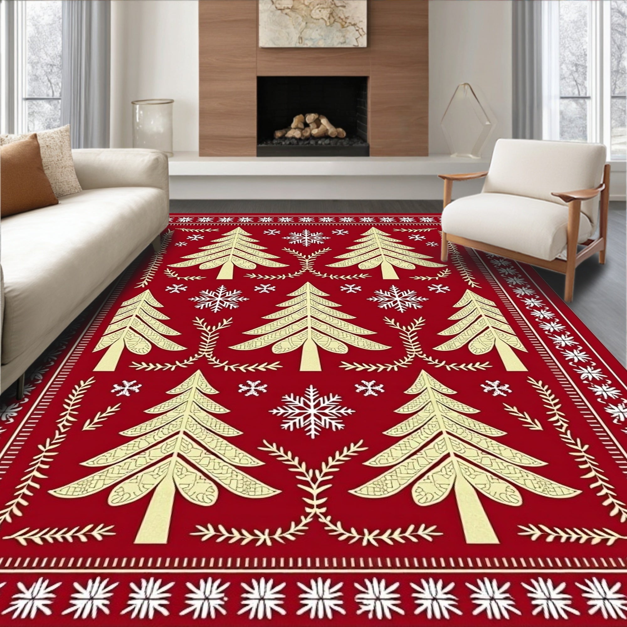 Crimson Festive Christmas Tree Snowflakes Rug