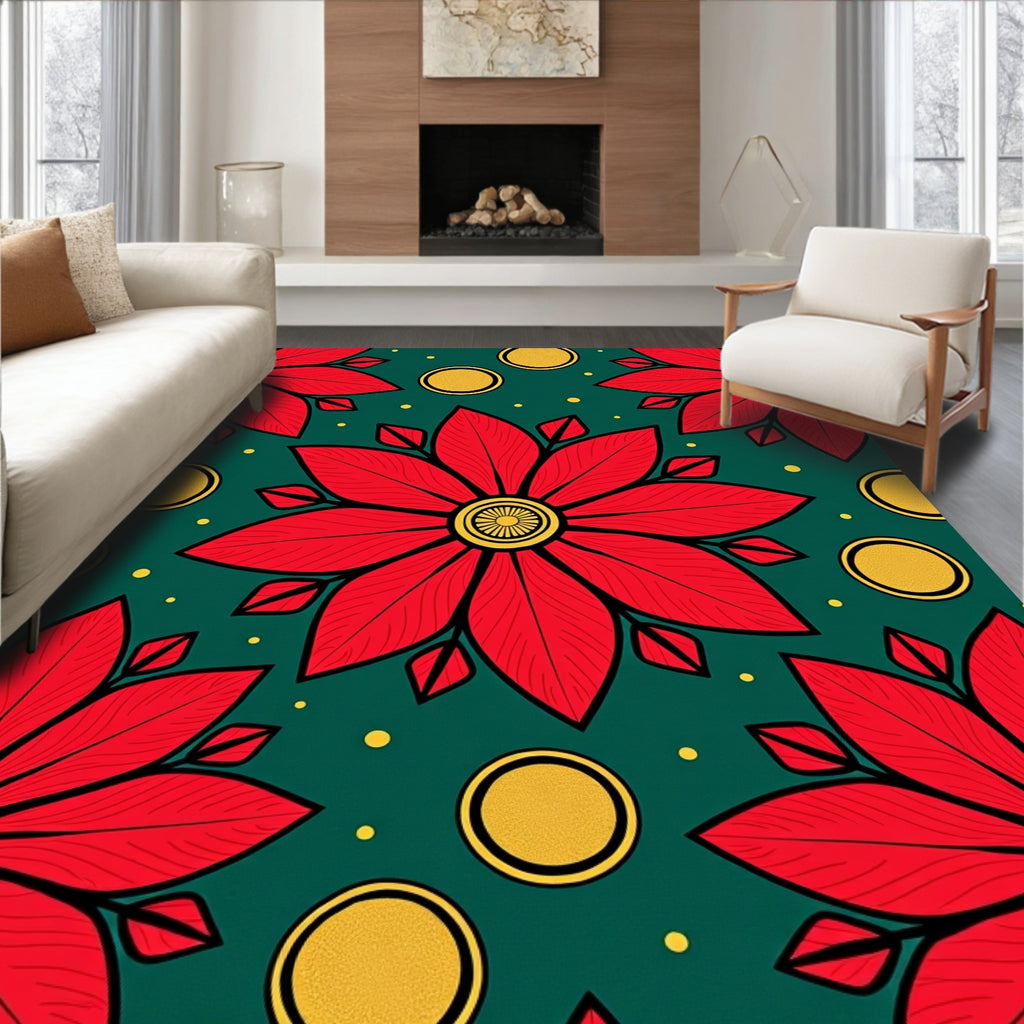 Vibrant Red Floral Circles Emerald Rug