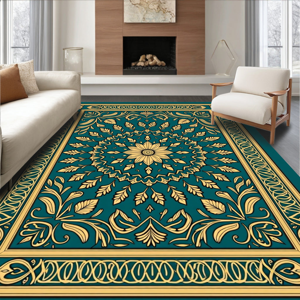 Teal and Gold Floral Medallion Tapestry Rug