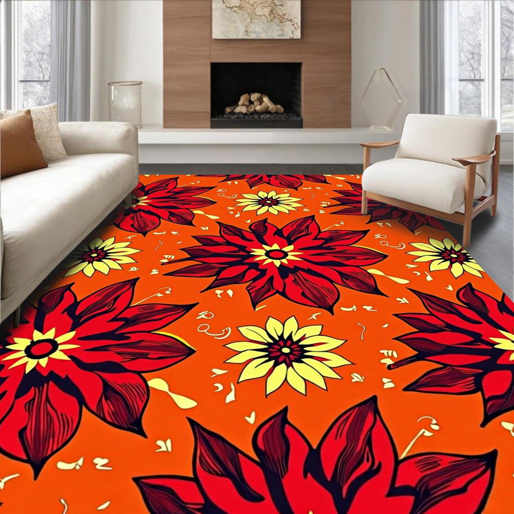 Bold Red Yellow Floral Sunburst Rug