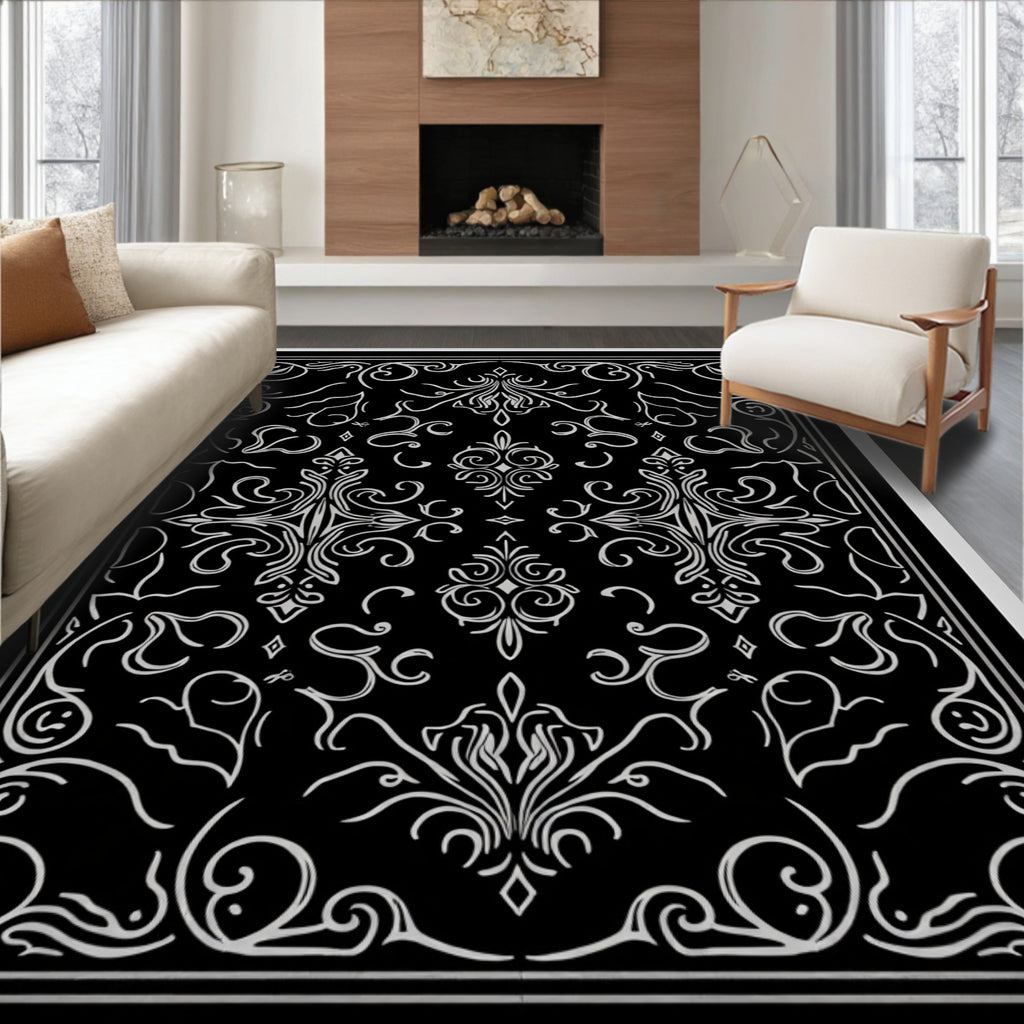 Chic Black Silver Flourishing Damask Rug