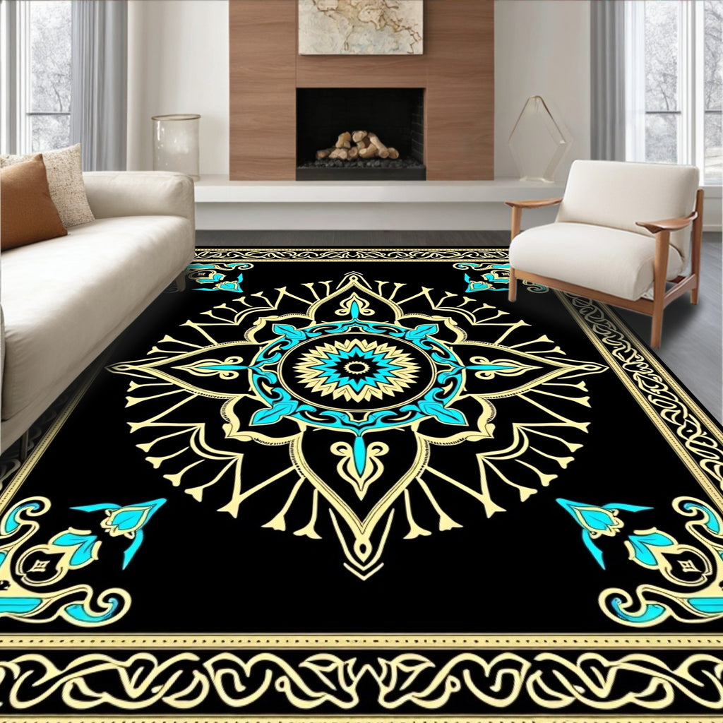 Black Teal Gold Mandala Medallion Rug
