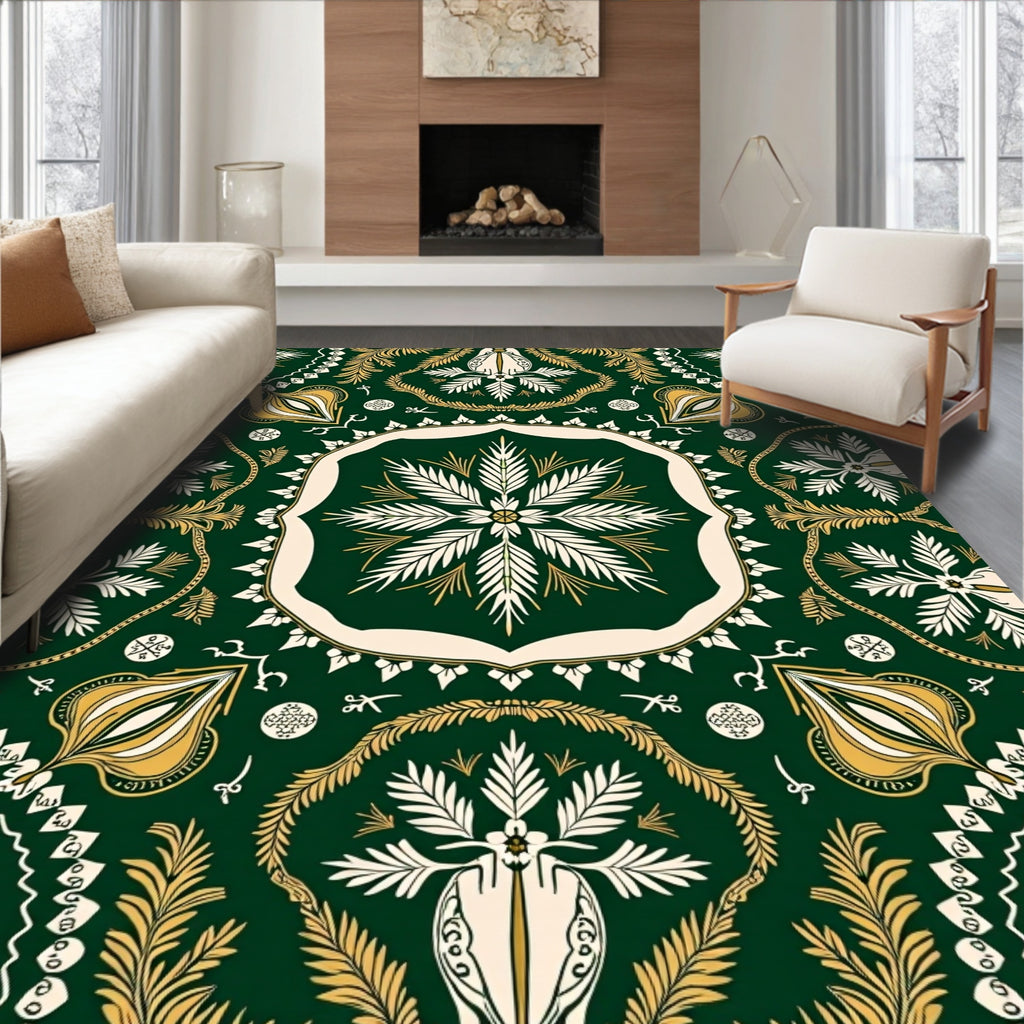 Emerald Green Golden Fern Medallion Rug