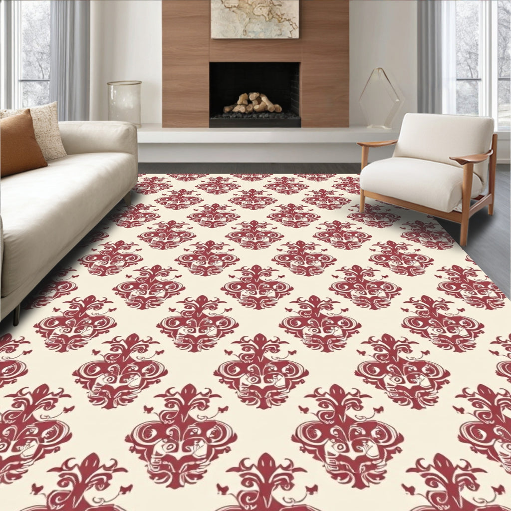 Crimson Damask Floral Ornate Rug