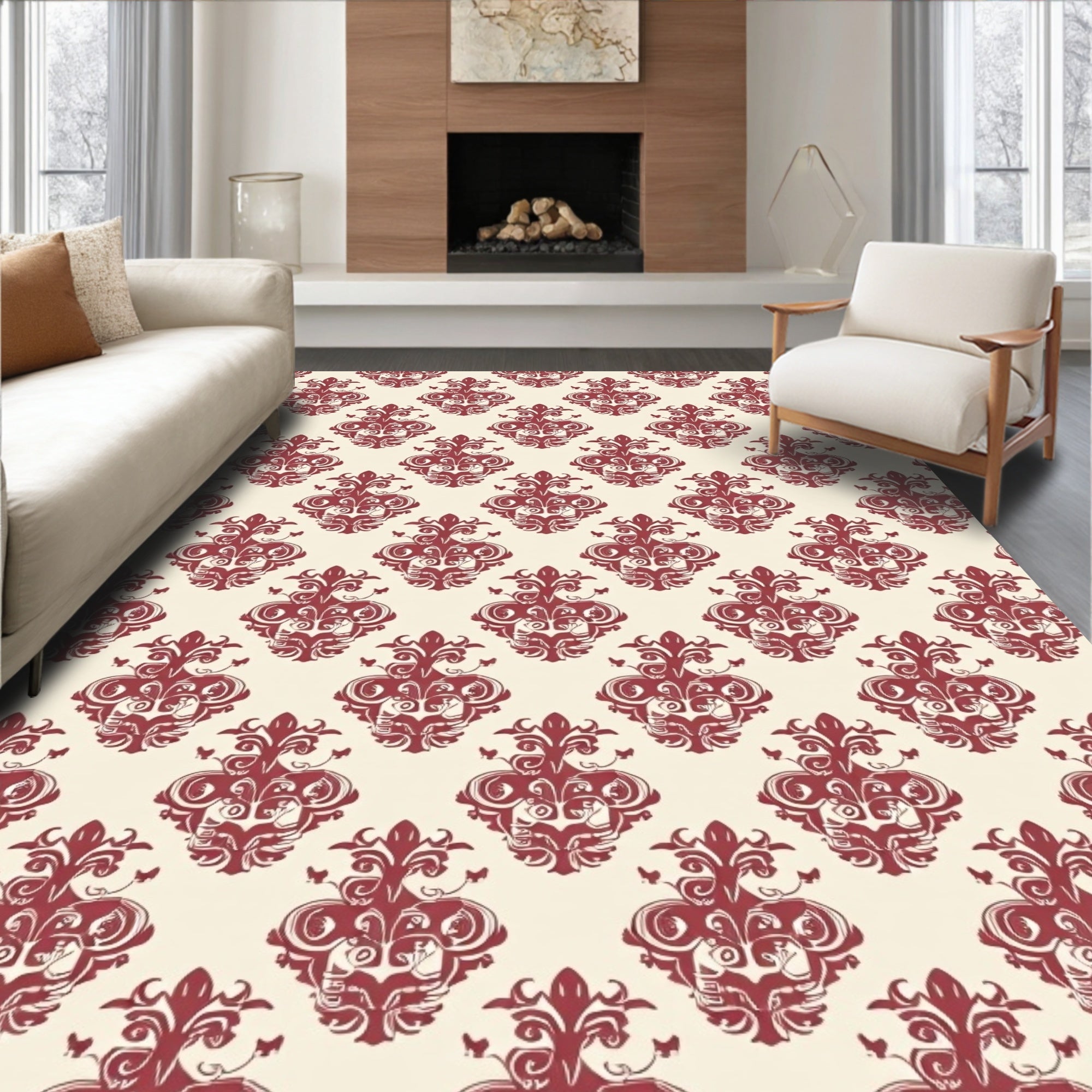 Crimson Damask Floral Ornate Rug