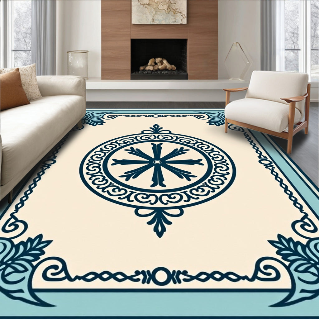 Navy Blue Ivory Mandala Floral Border Rug