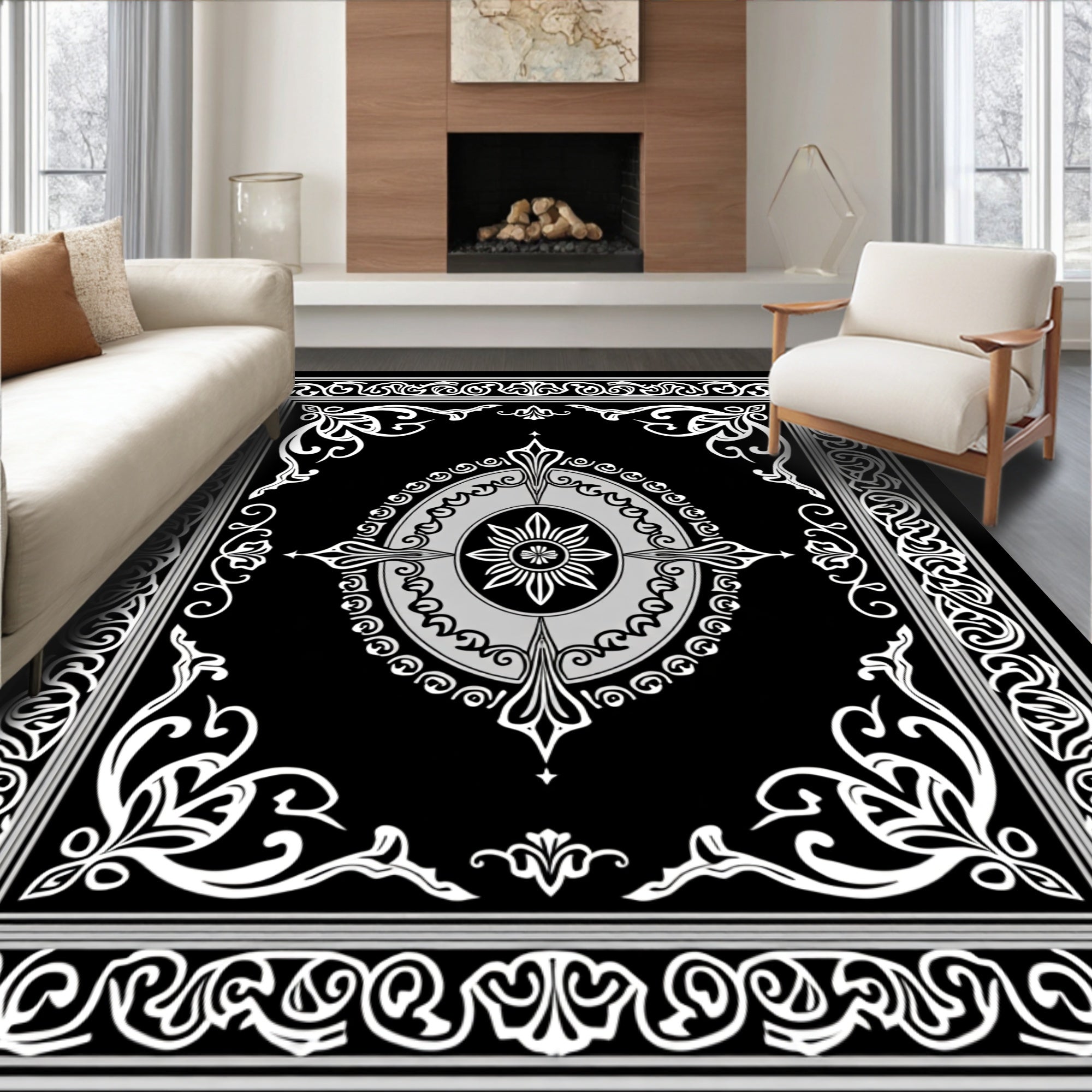 Black White Ornate Floral Mandala Rug
