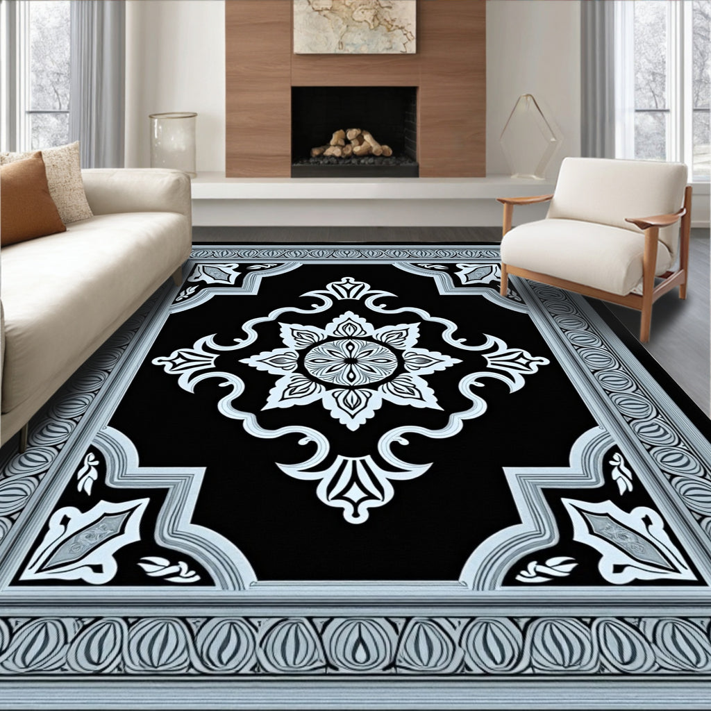 Elegant Black White Floral Medallion Frame Rug
