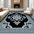 Elegant Black White Floral Medallion Frame Rug