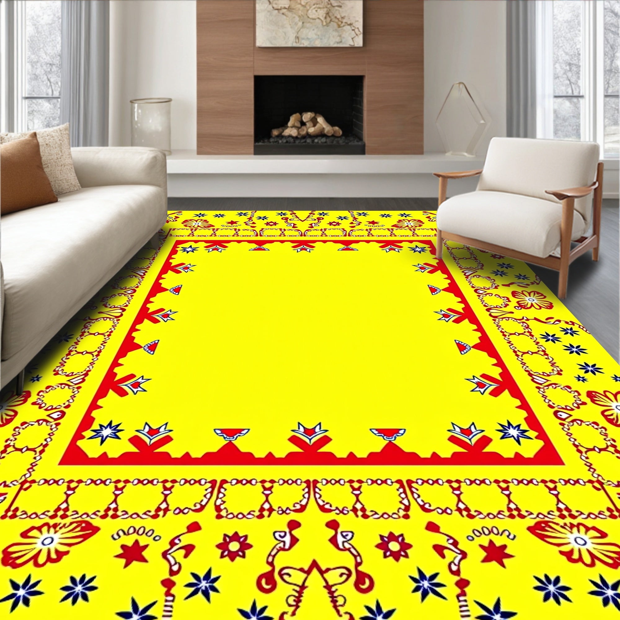 Red Yellow Floral Medallion Border Rug