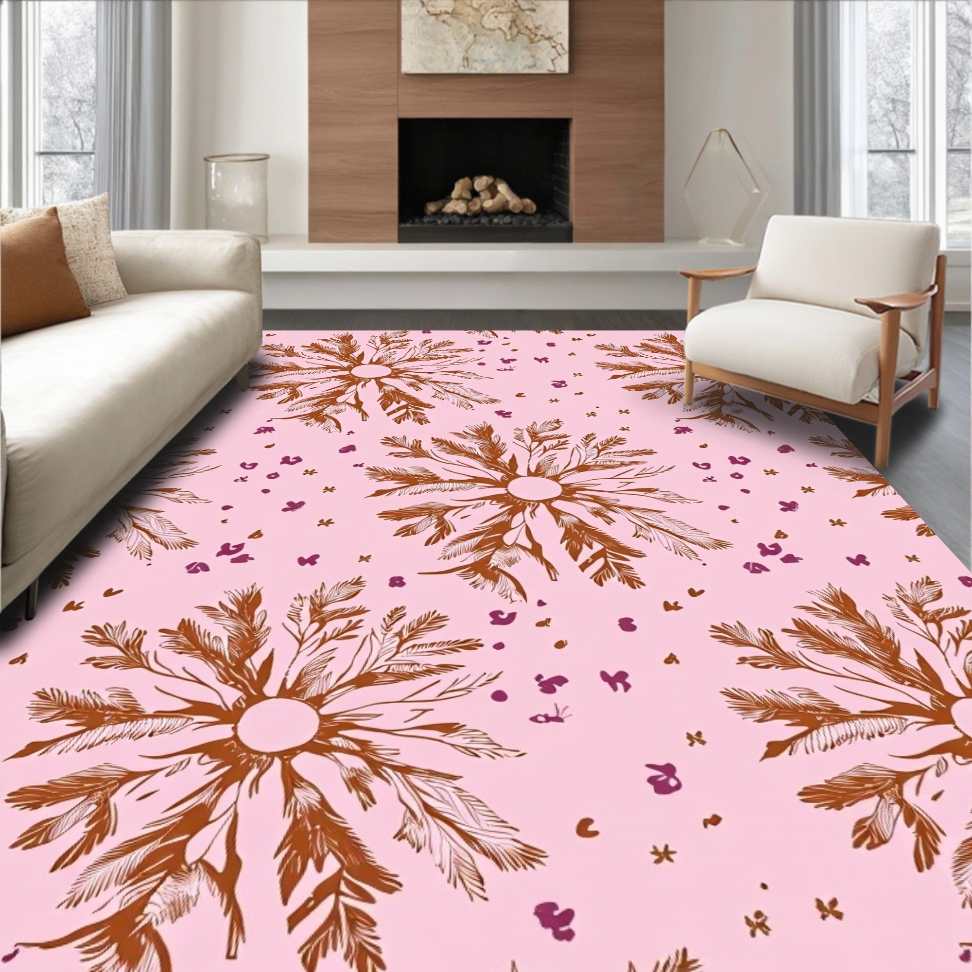Coral Pink Botanical Burst Rug