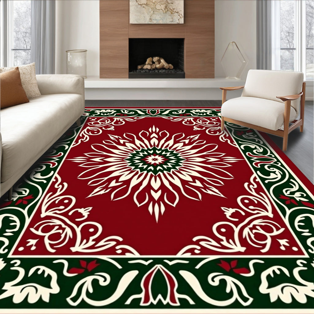 Crimson Cream Green Floral Medallion Overlay Rug