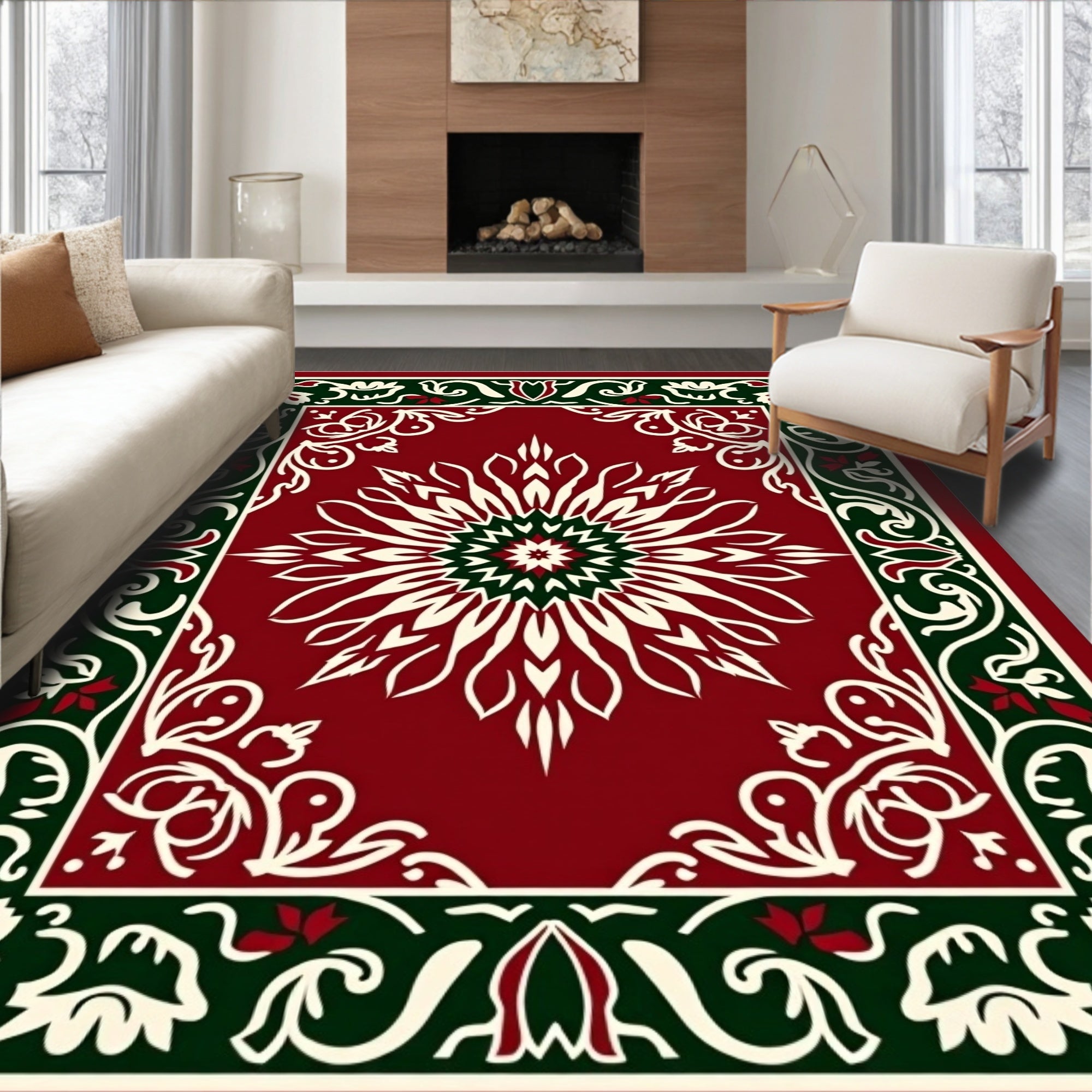 Crimson Cream Green Floral Medallion Overlay Rug