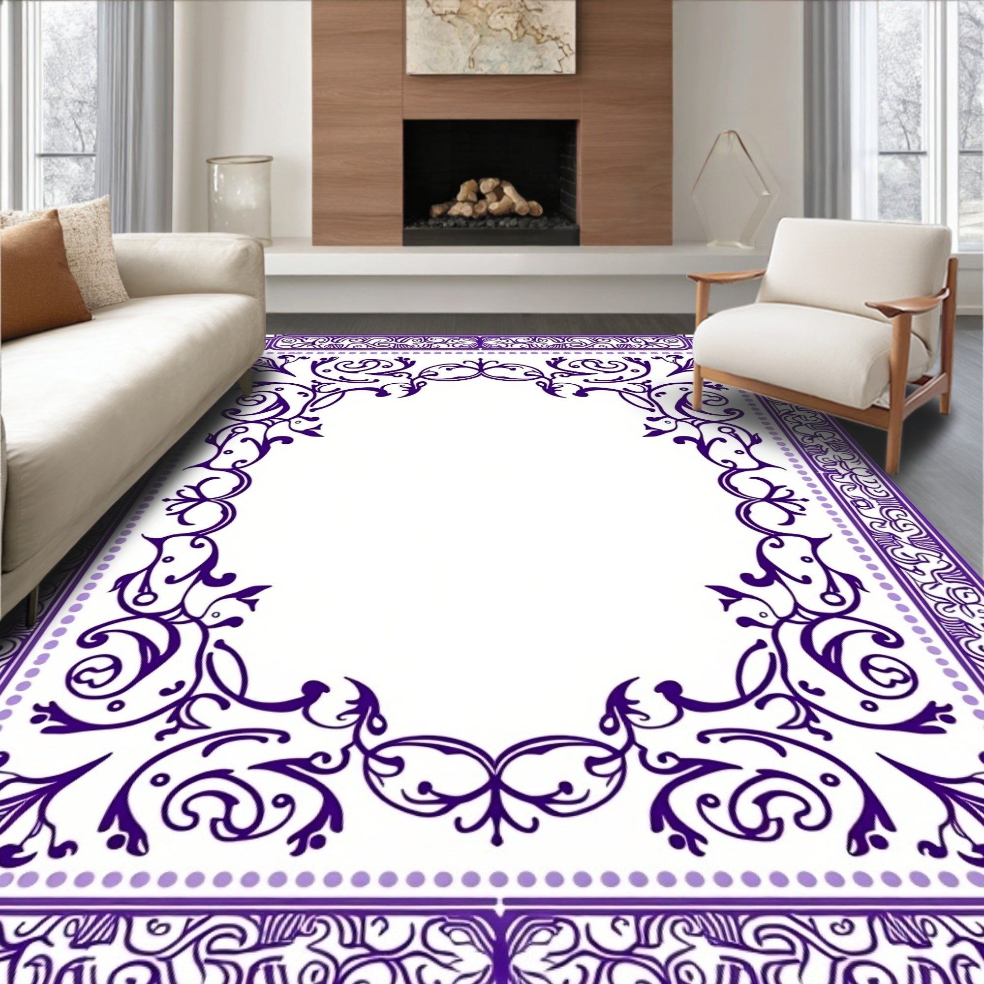 Ornate Purple Floral Vine Border Rug