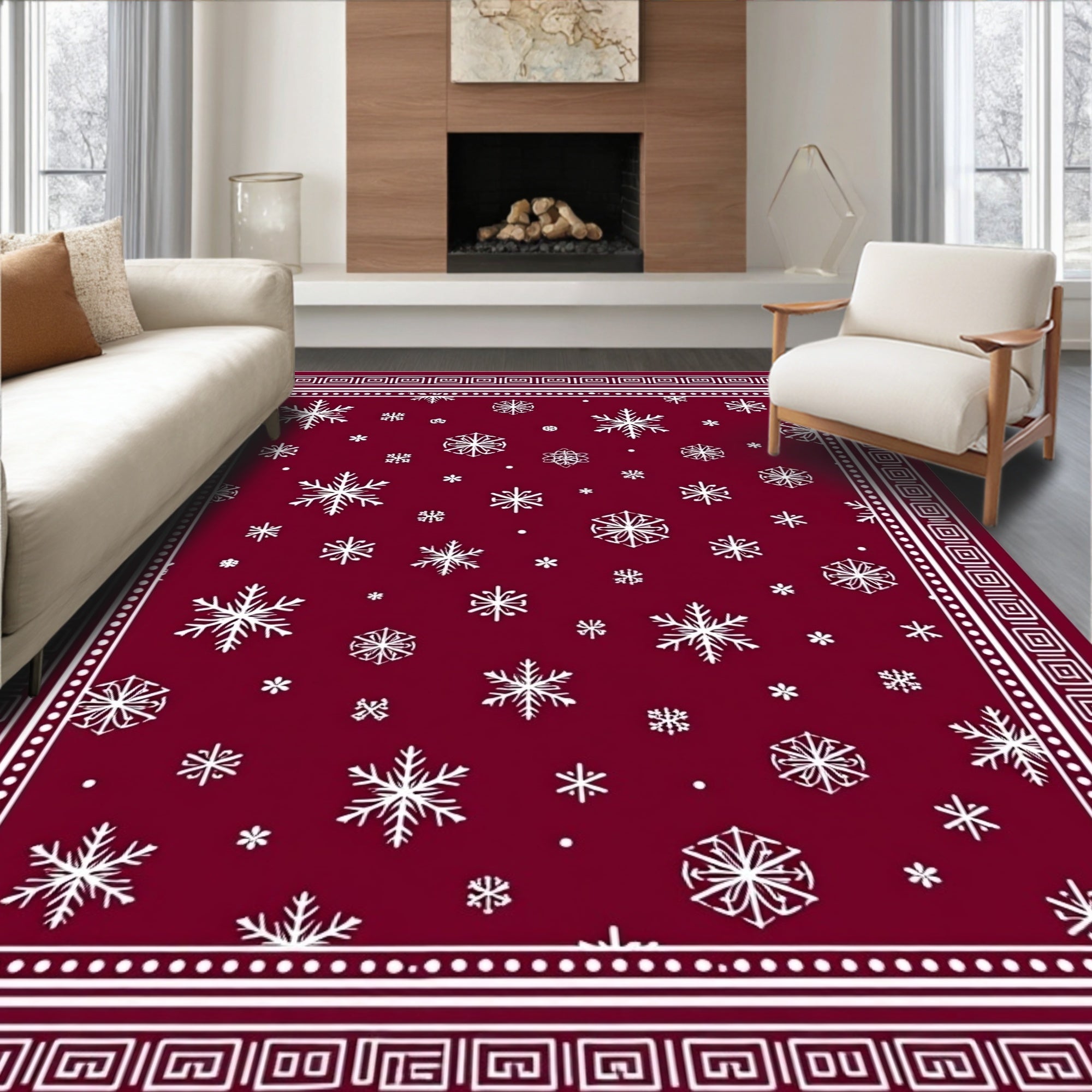 Deep Red White Snowflake Cluster Rug