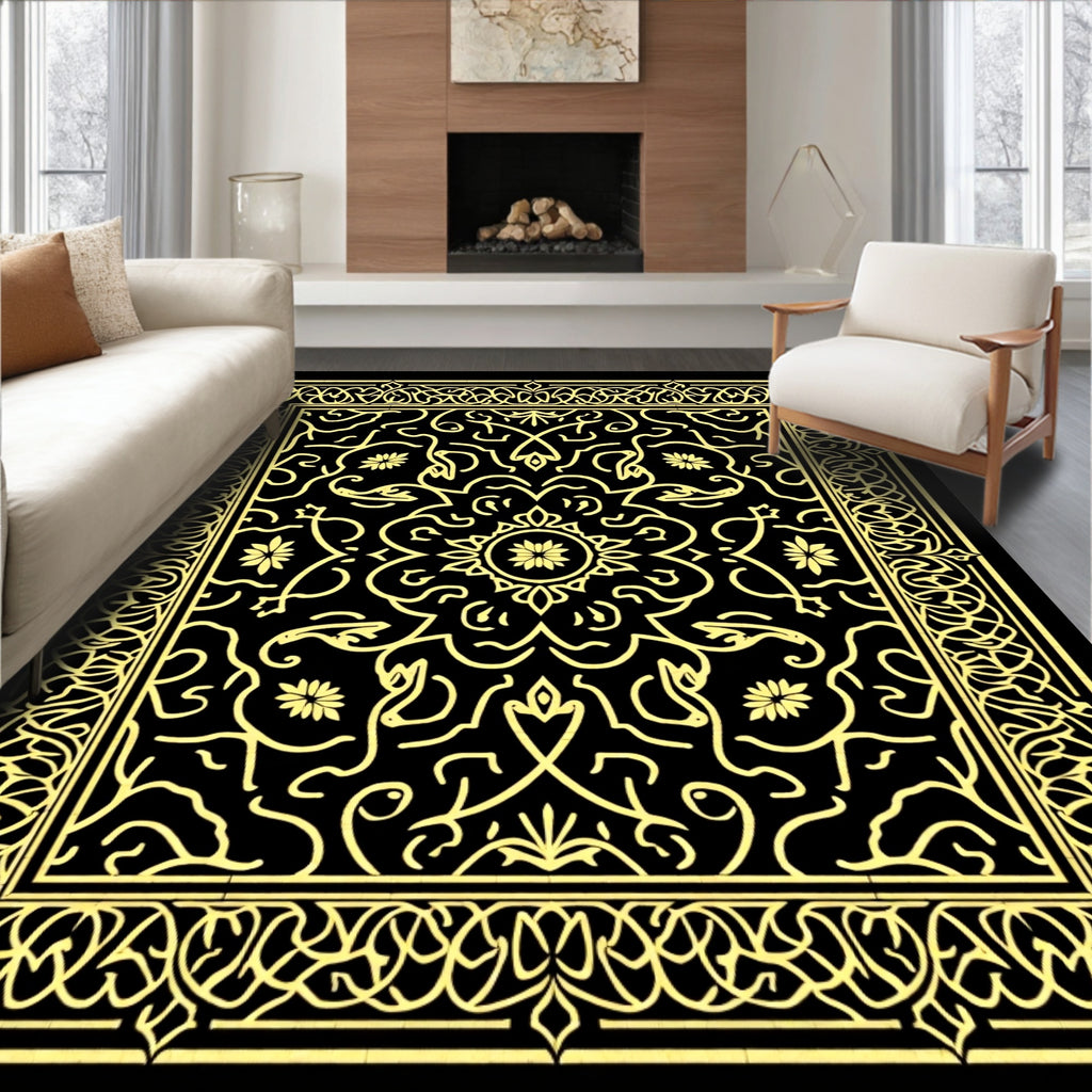 Ornate Gold Floral Mandala Black Rug