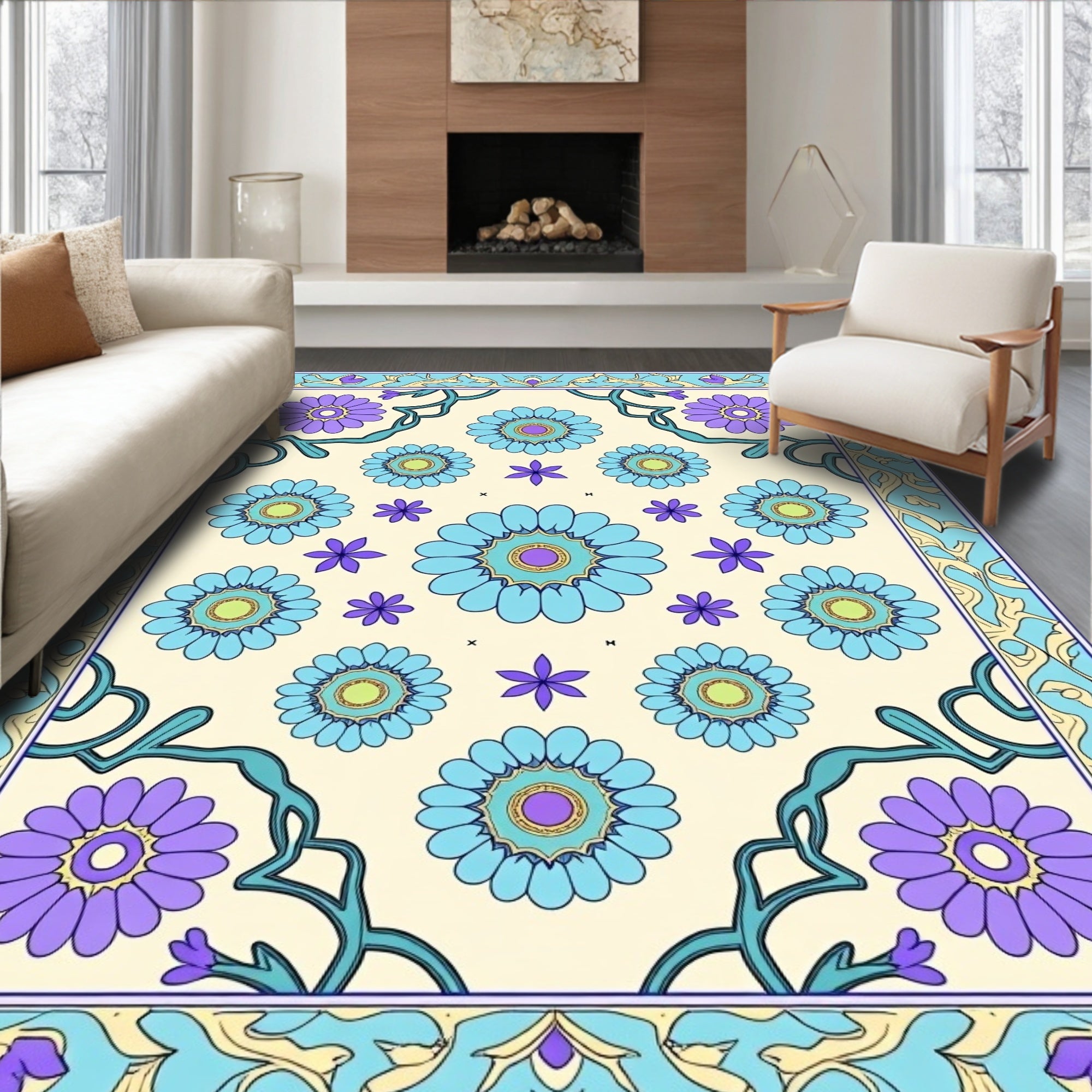 Sky Blue Floral Medallion Border Rug