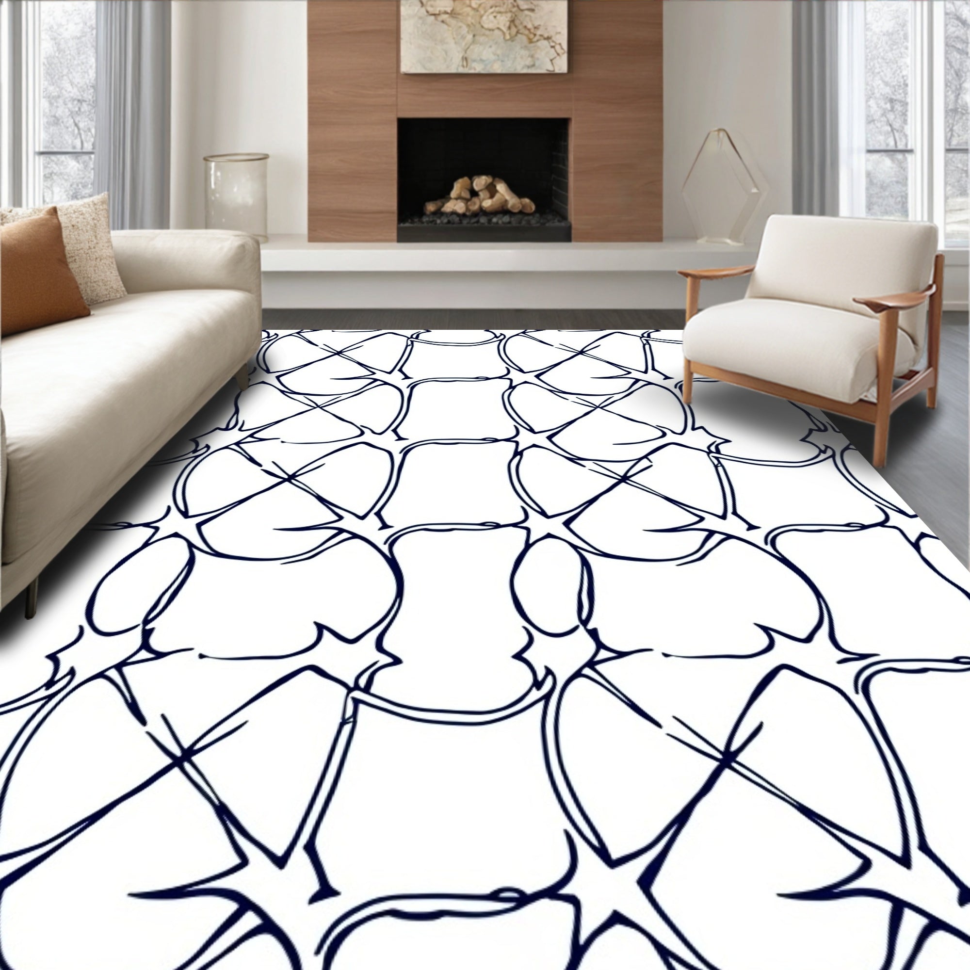 Abstract Indigo Starburst Tiles Rug