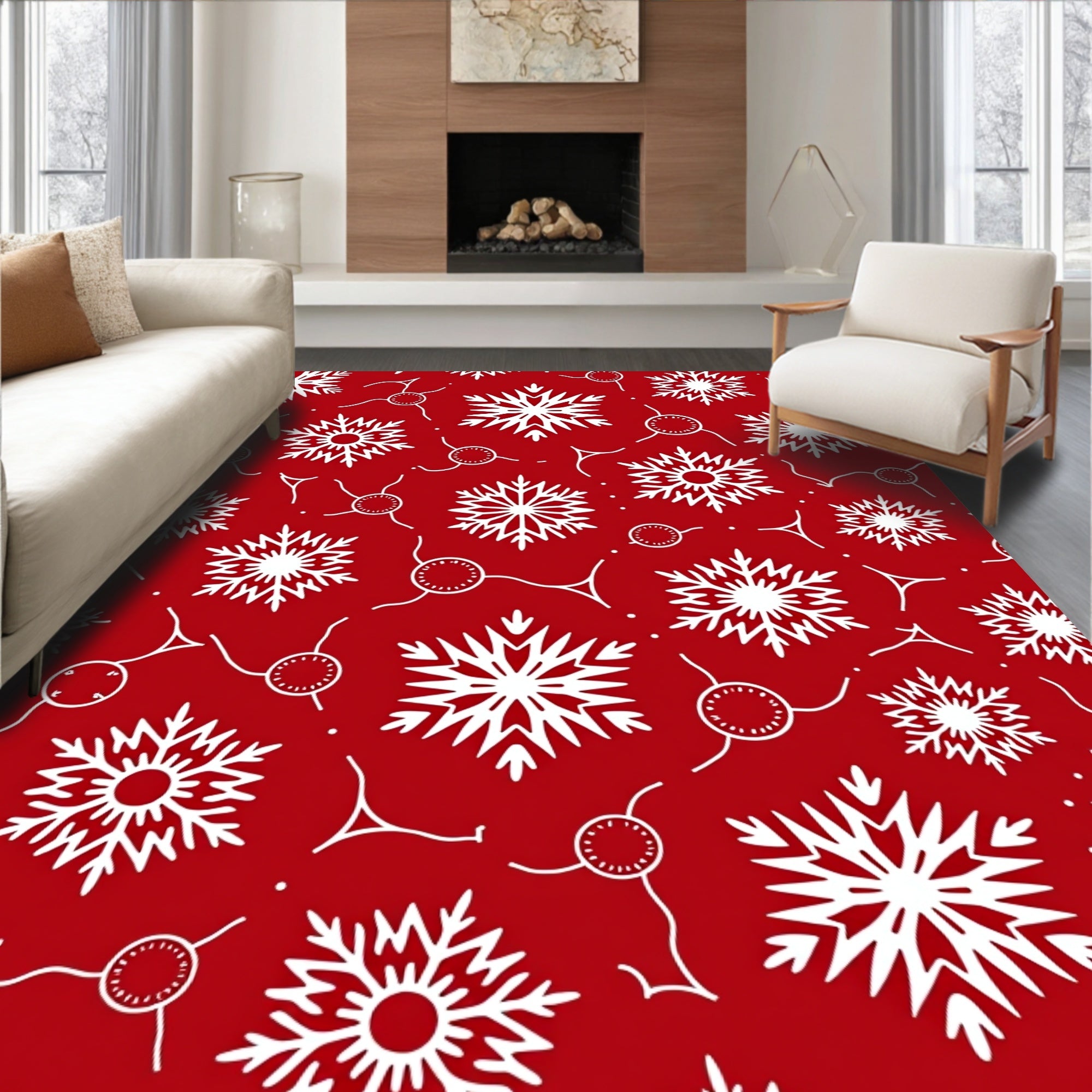 Crimson White Snowflakes Scattered Repeating Rug