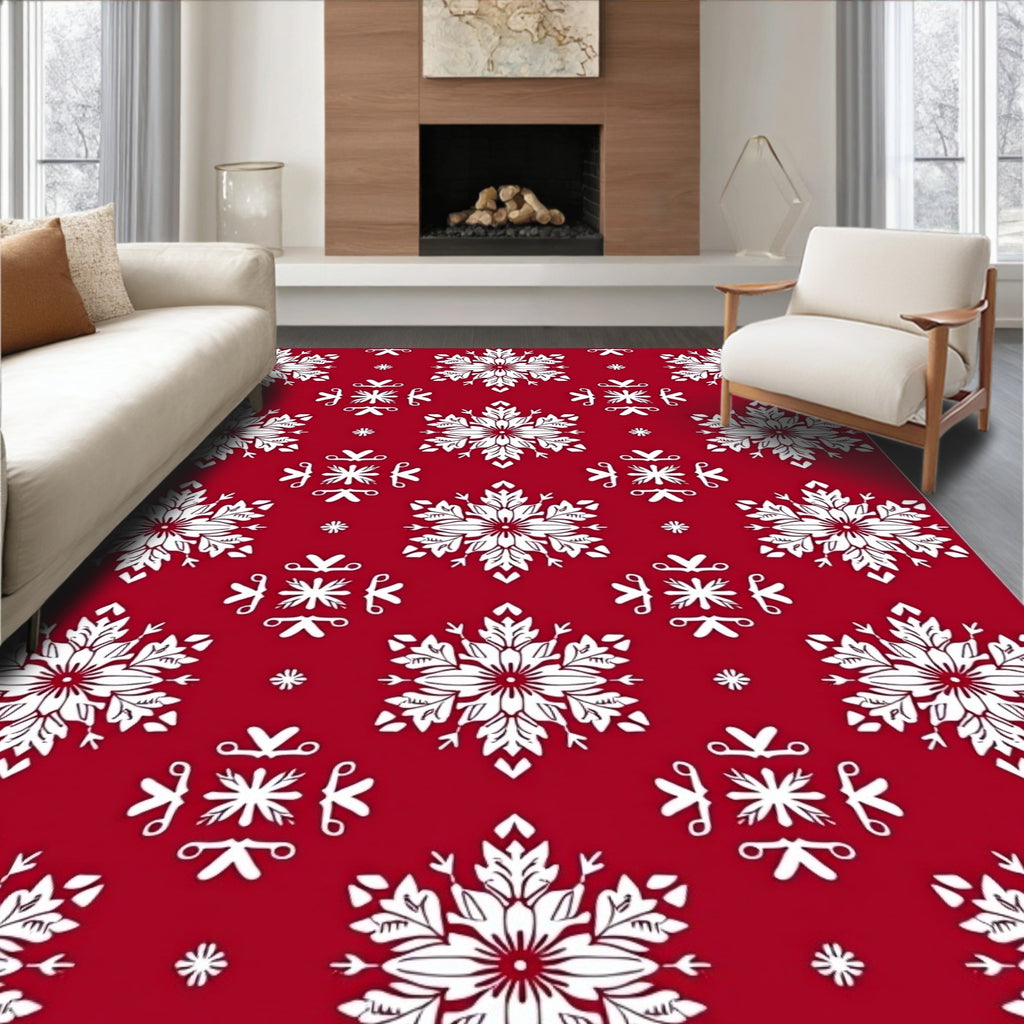 Red White Snowflake Imprint Rug