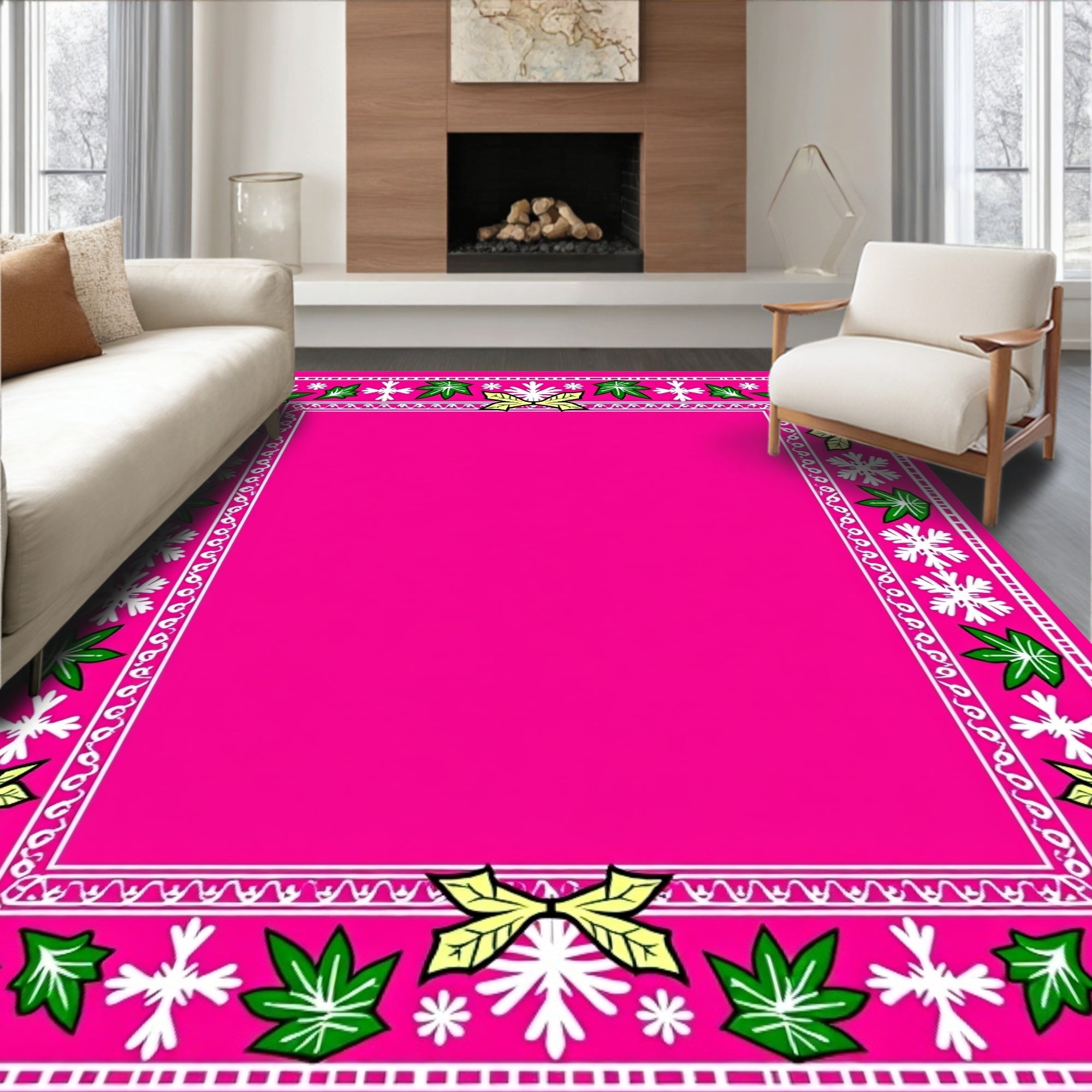 Vibrant Pink Botanical Border Rug