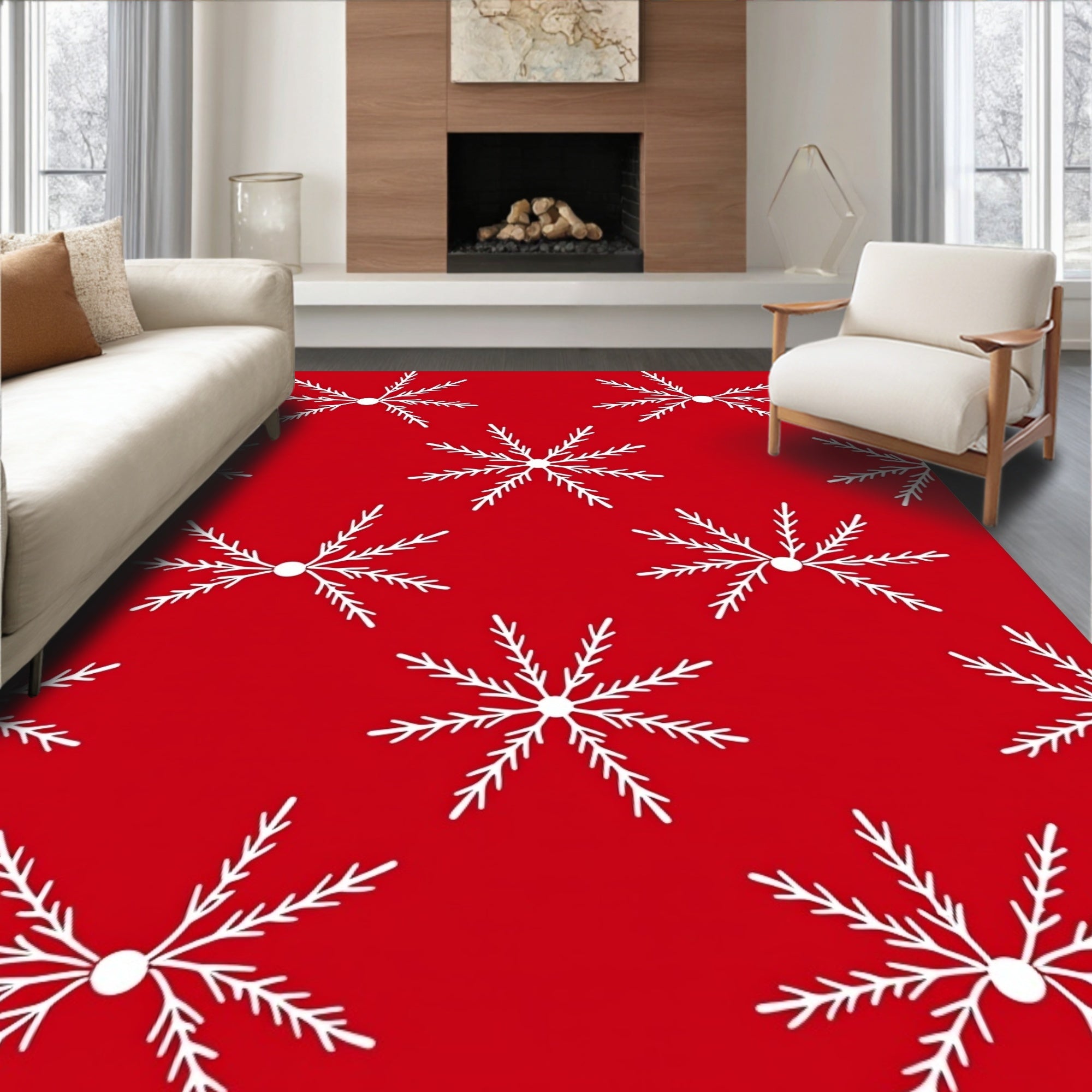 Red White Snow Flake Repeating Pattern Rug