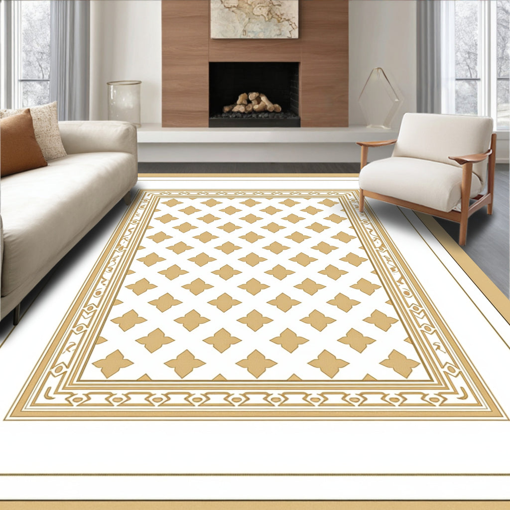 Golden Quatrefoil Bordered Linen Rug