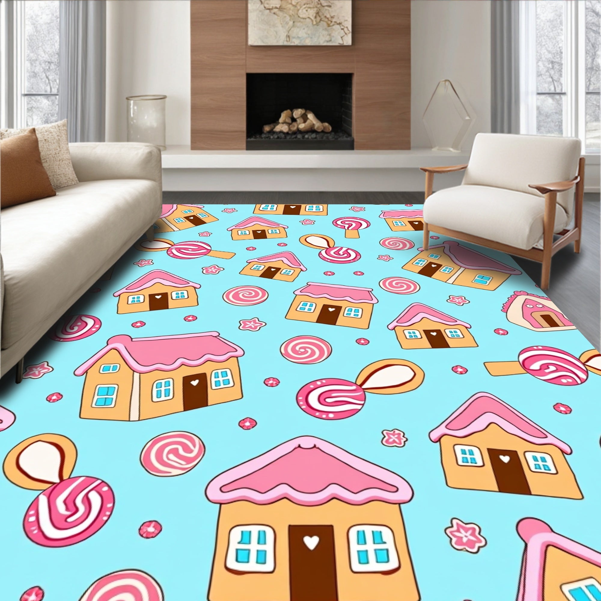 Whimsical Pink Houses Candy Sweet Treat Rug