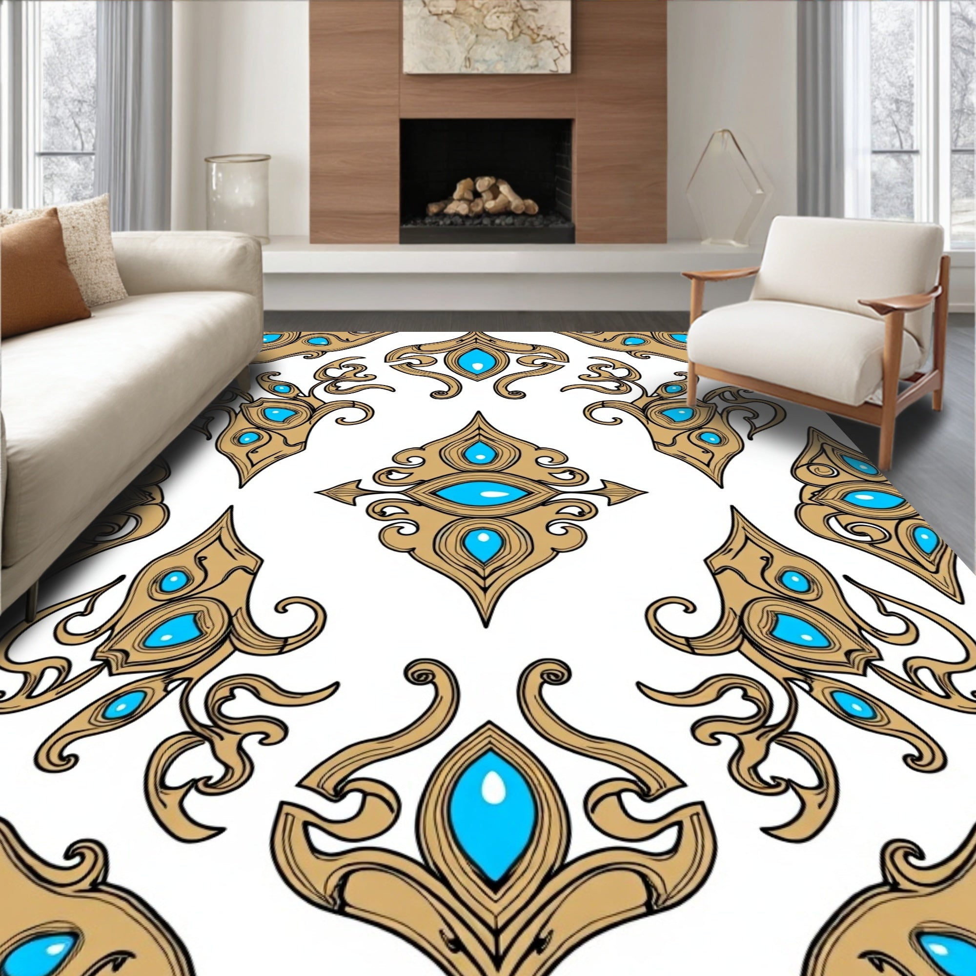 Ornate Gold Blue Jewel Mandala Rug
