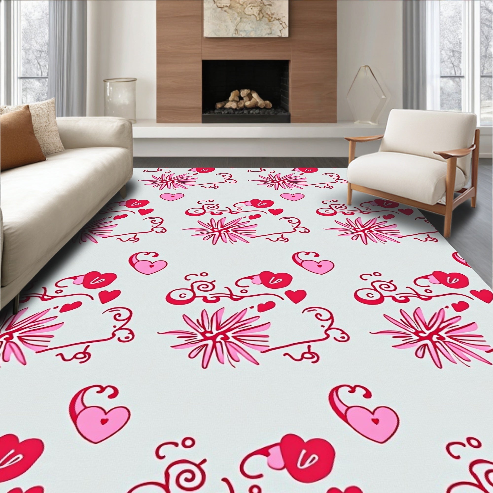 Whimsical Pink Heart Floral Swirl Rug