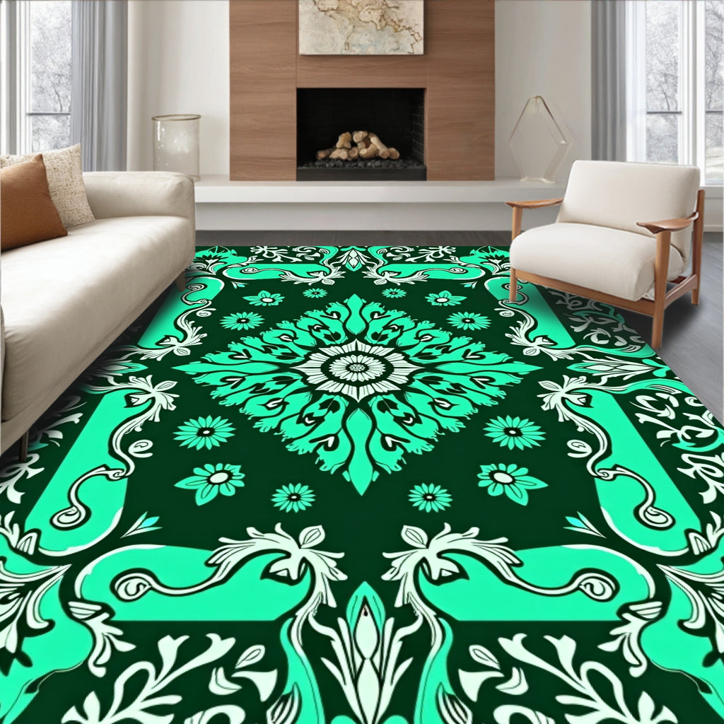 Vibrant Teal Floral Medallion Border Rug