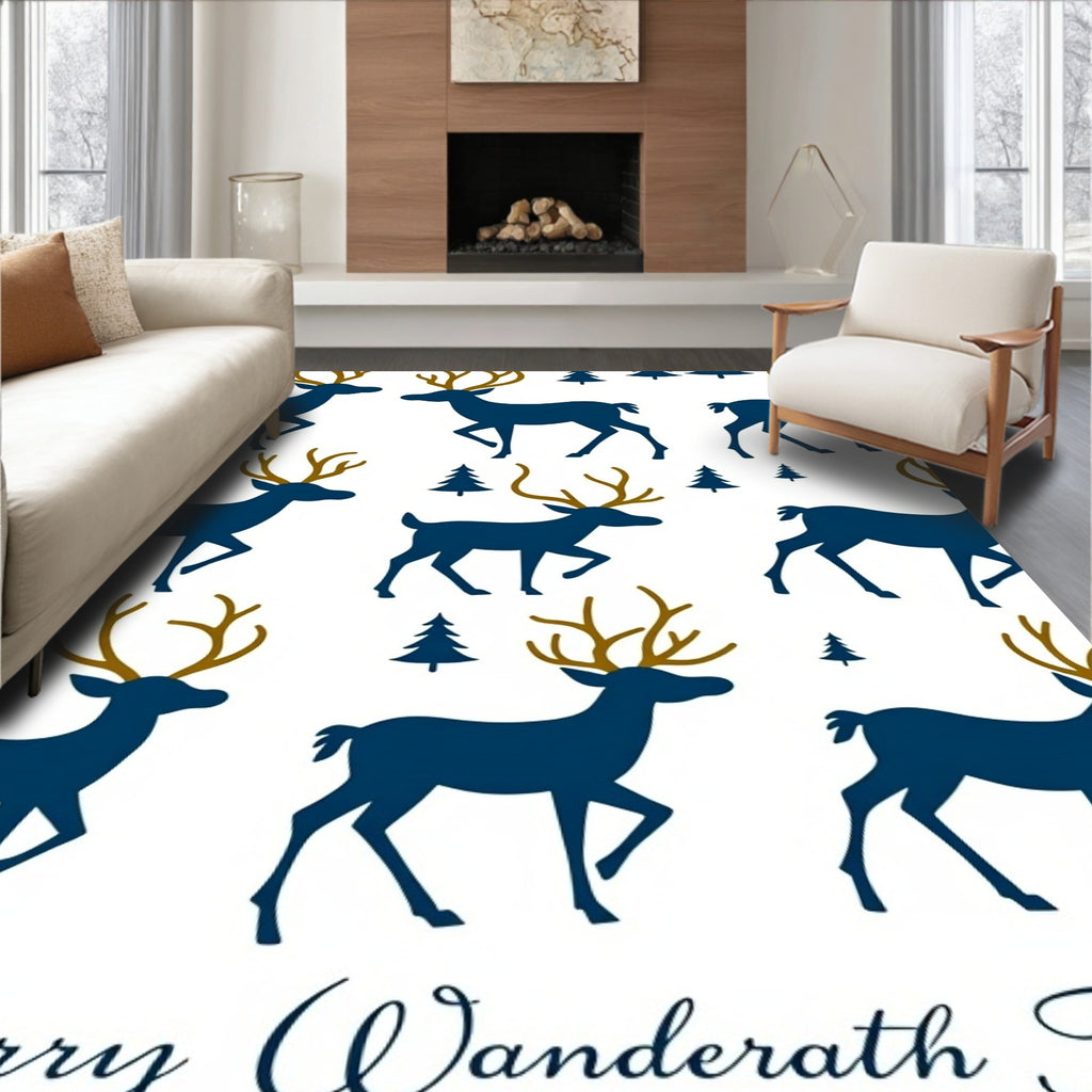 Deep Blue Forest Reindeer Silhouette Rug