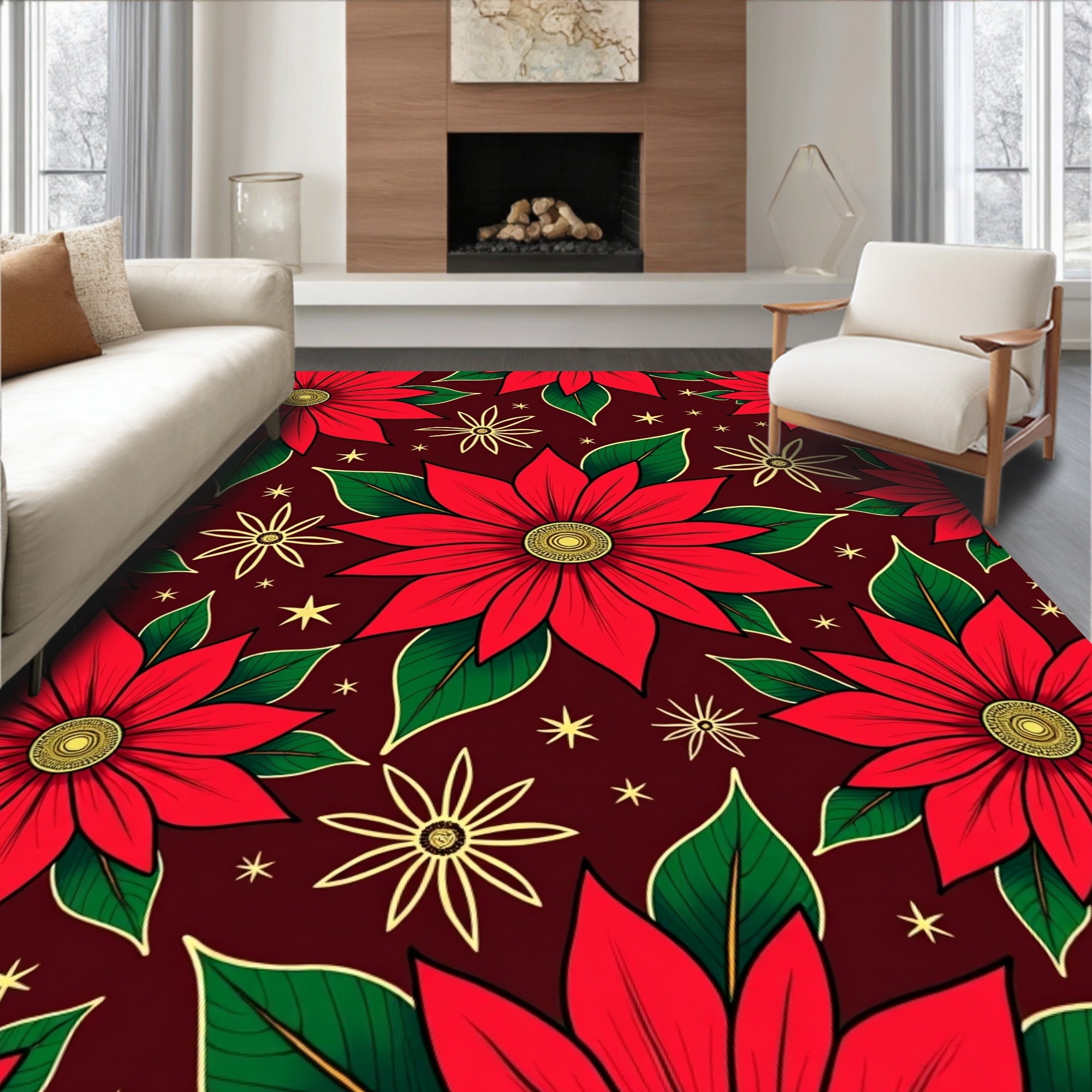Vibrant Red Poinsettia Starburst Rug
