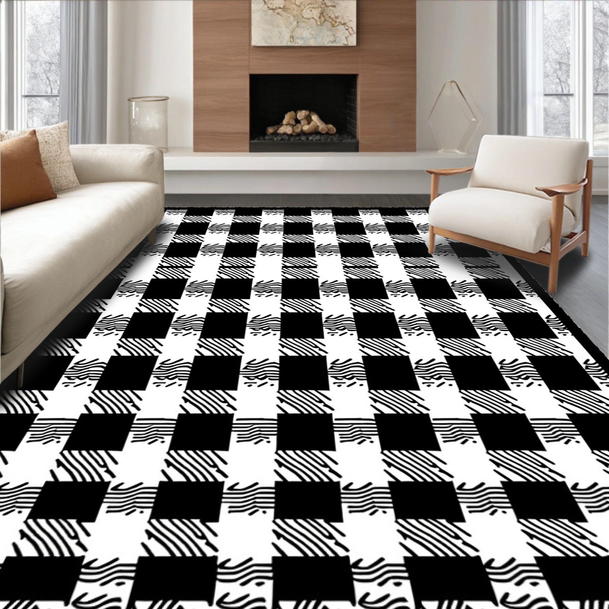 Black White Checked Organic Weave Rug