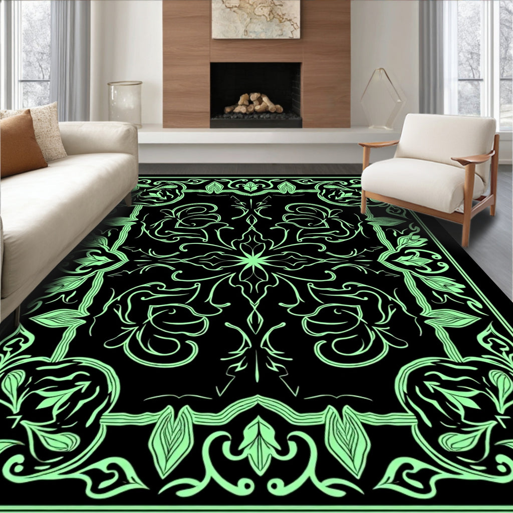 Mint Green Floral Scroll Frame Rug
